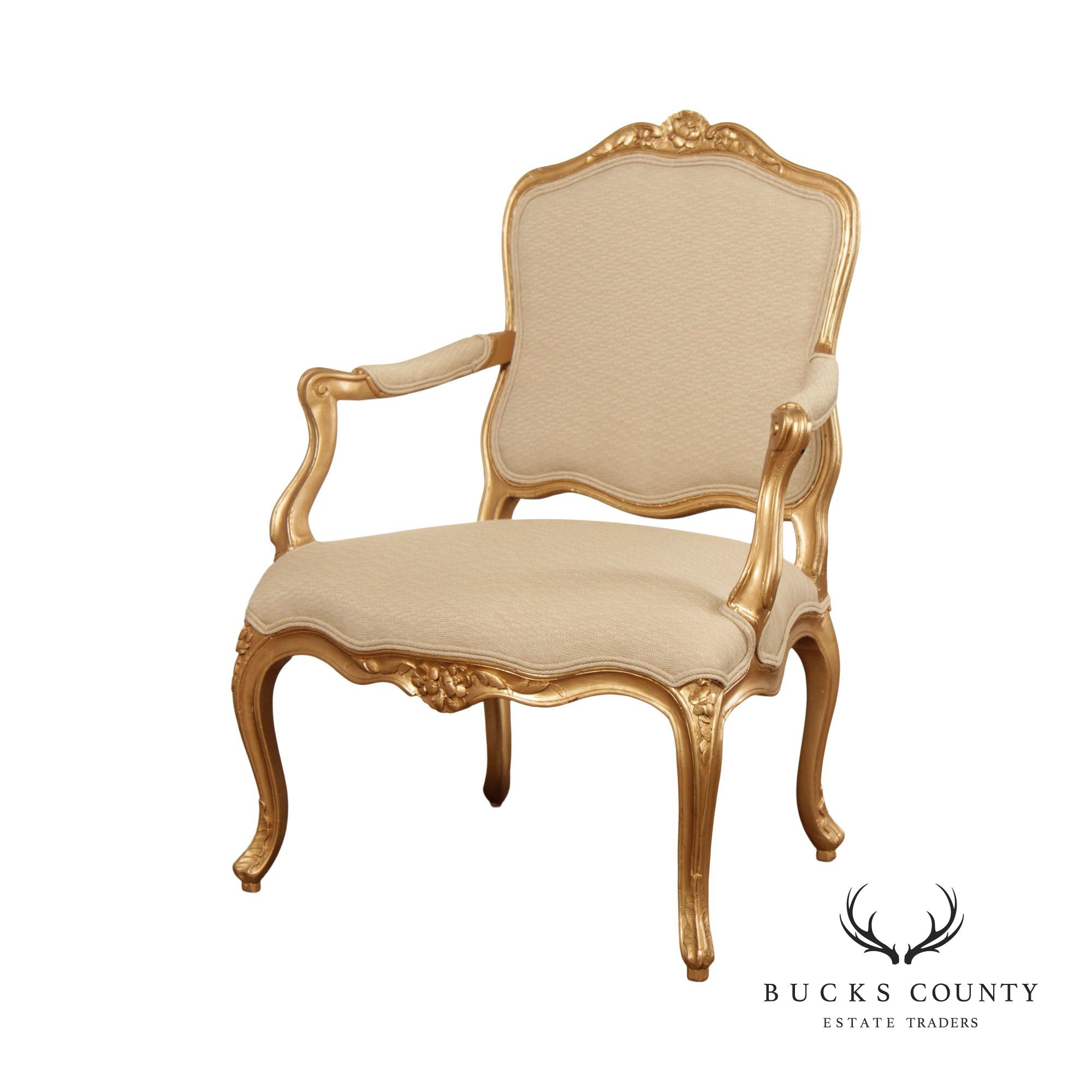 Antique French Louis XV Style Giltwood Fauteuil Armchair