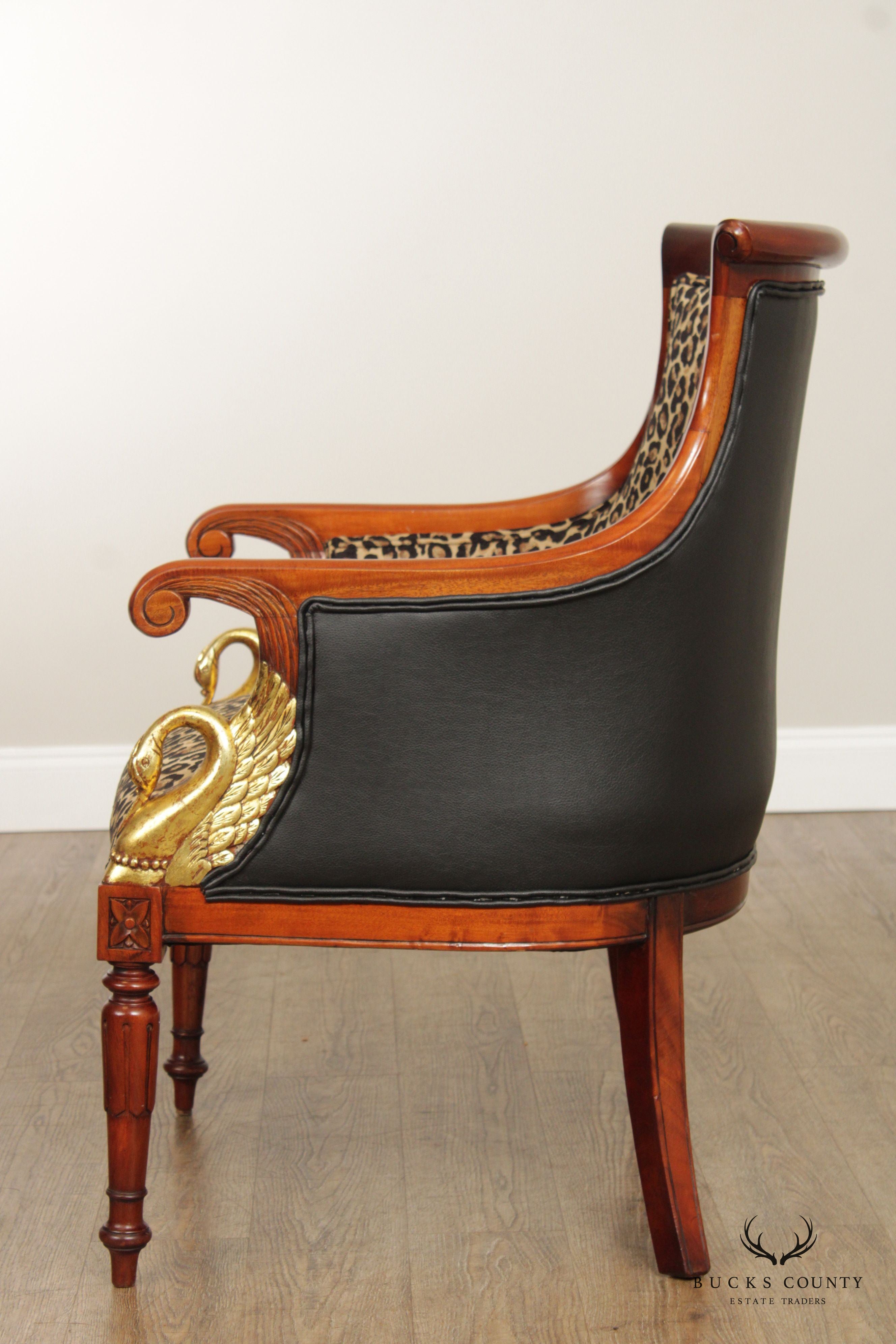 French Directoire Empire Style Pair of Mahogany Carved Swan Armchairs