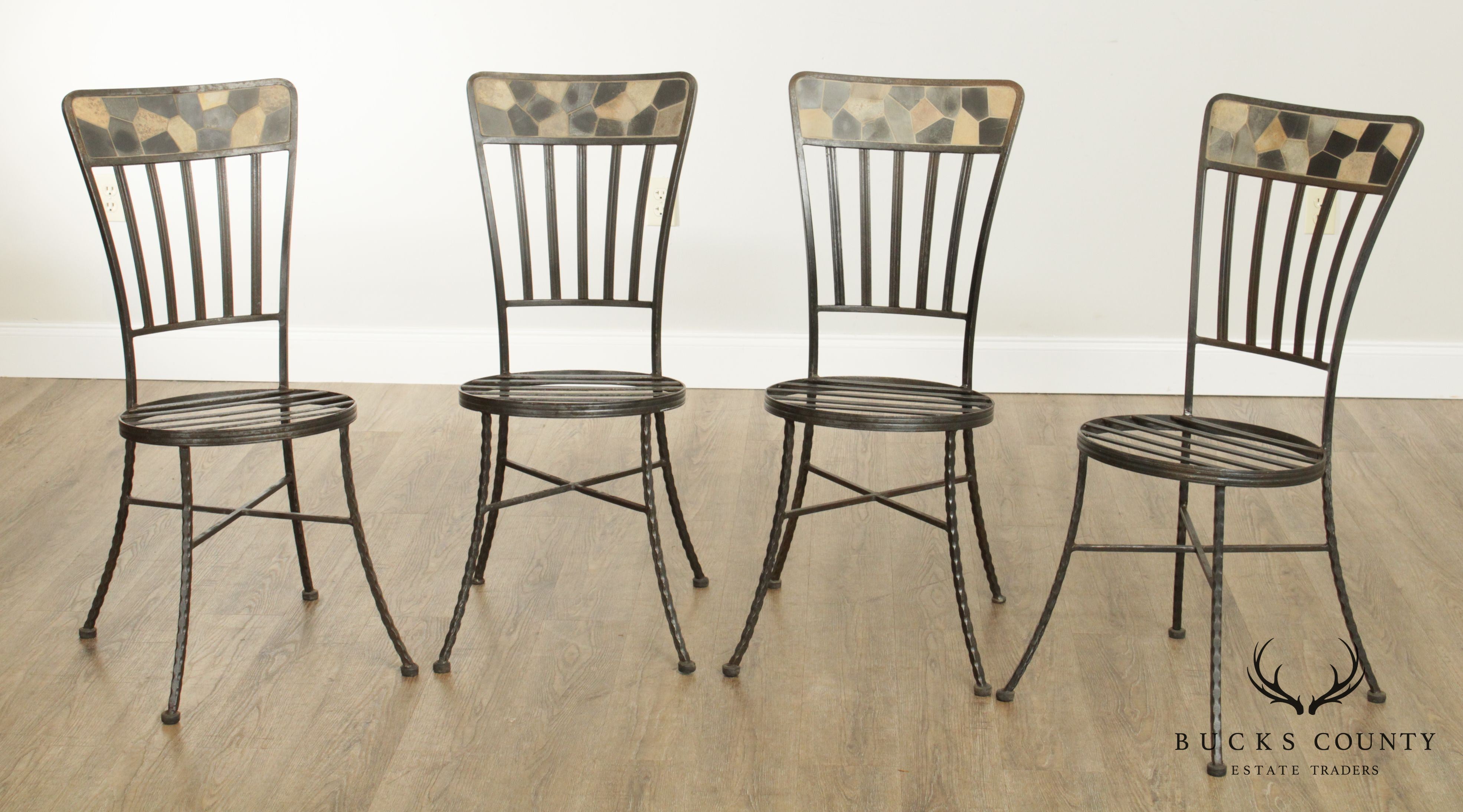 Hand Crafted Forged Iron & Stone Round 5 Piece Table + 4 Chairs Dining Set