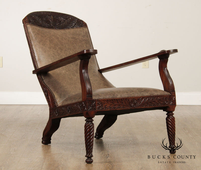 Antique 19th Century Anglo-Indian Carved Rosewood & Leather Armchair