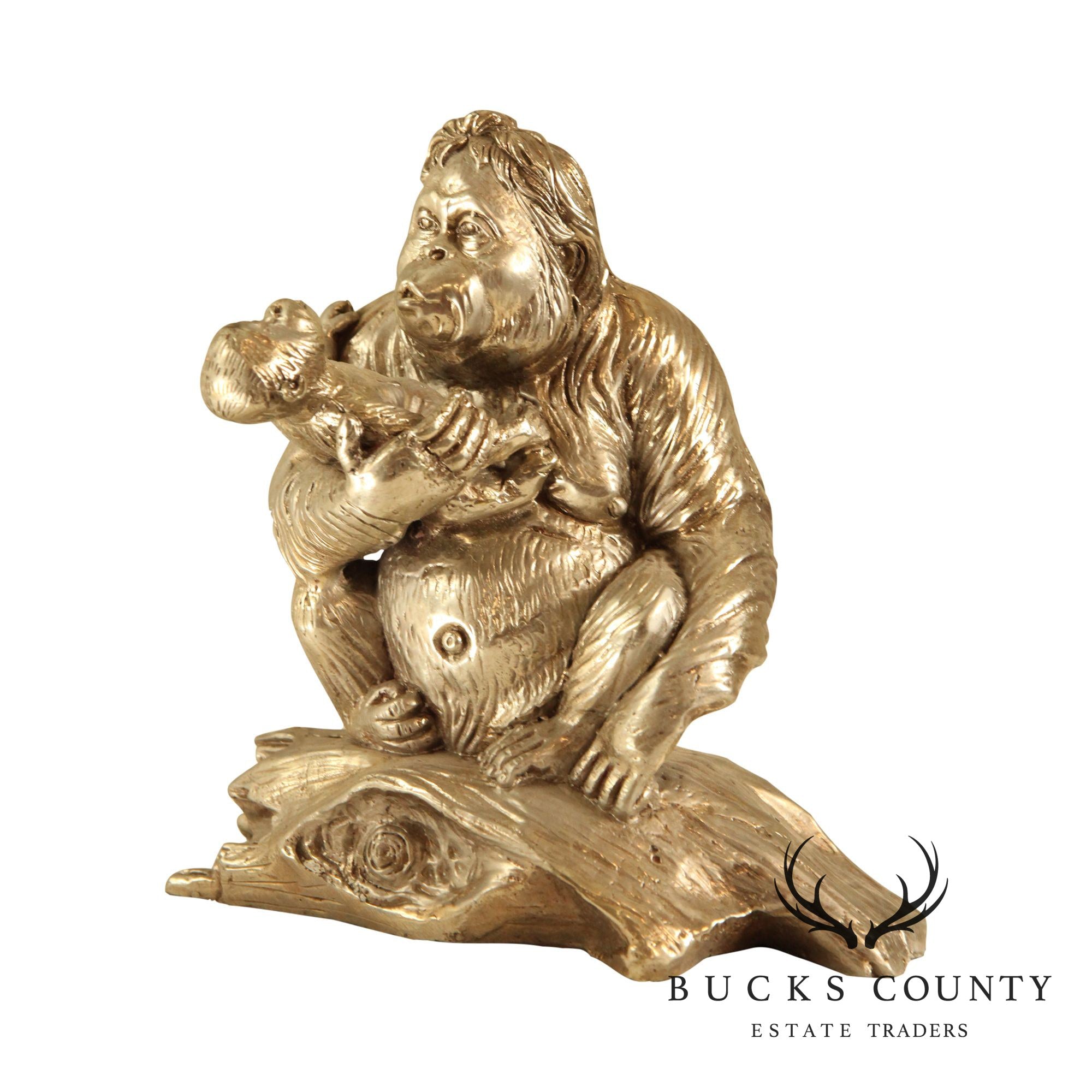 Silver Finish Bronze Statue of Mother & Baby Orangutan