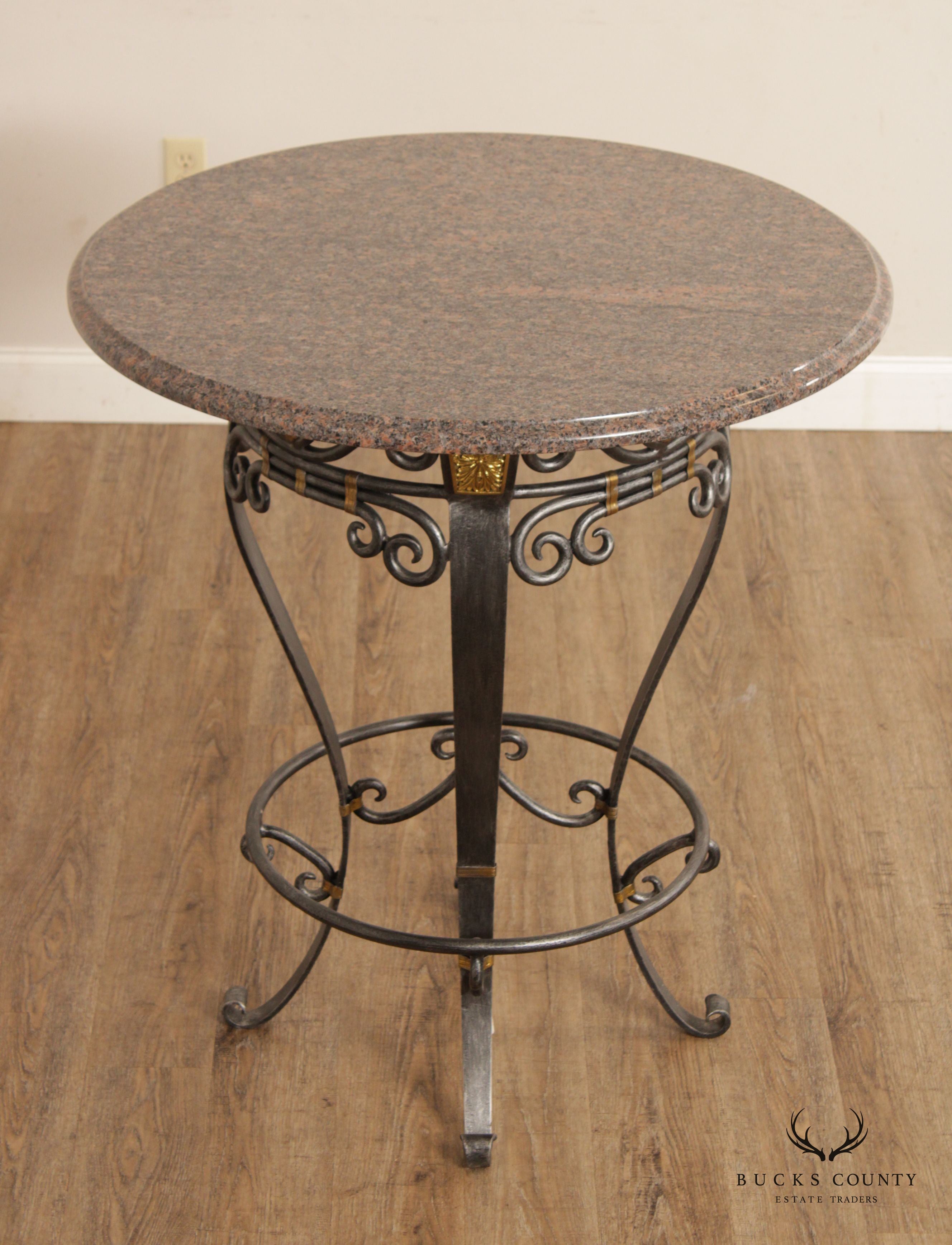 Labarge Neoclassical Style Wrought Iron Stone Top Round Pub Table