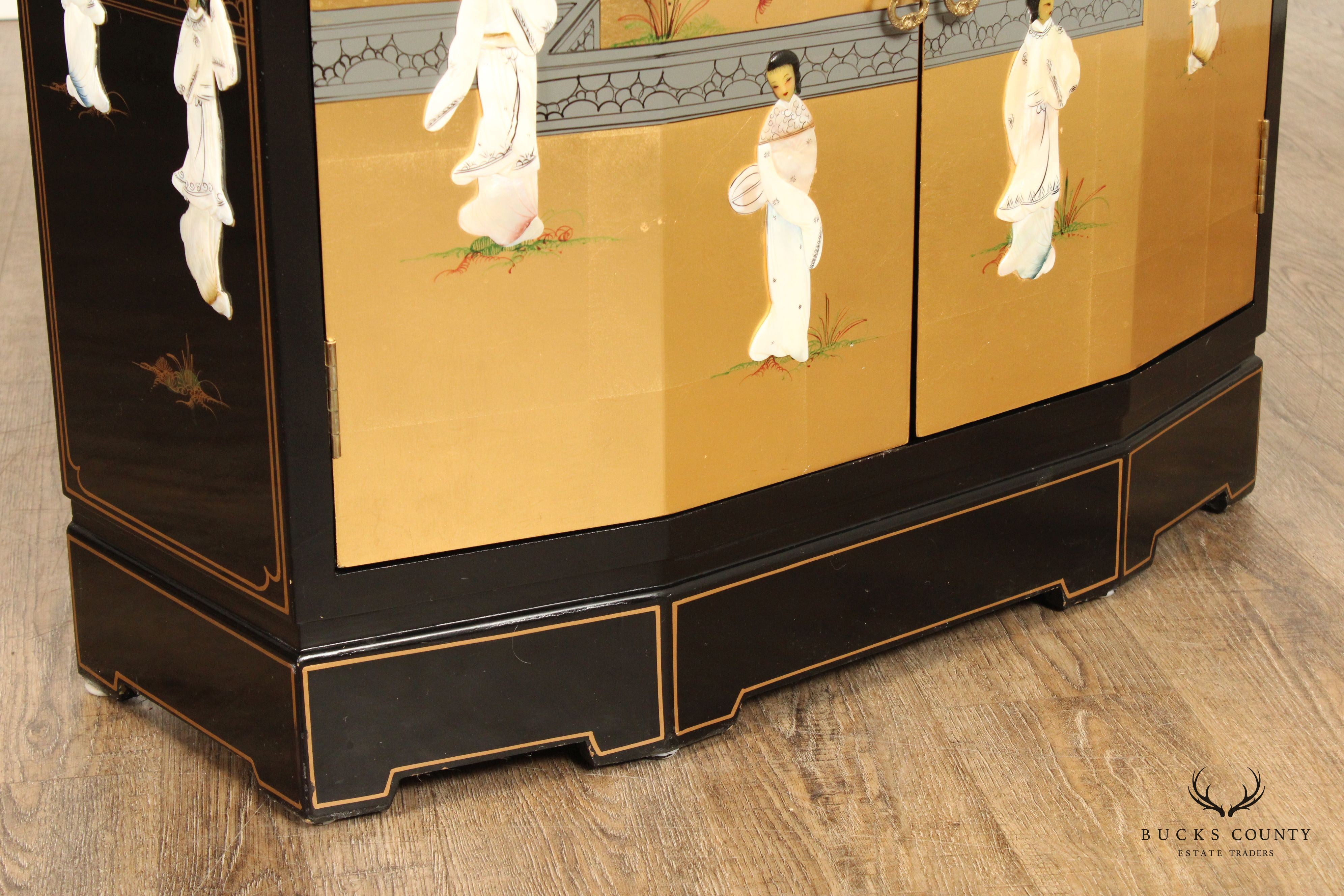 Chinoiserie Decorated Black and Gold Lacquer Glass Top Console Cabinet