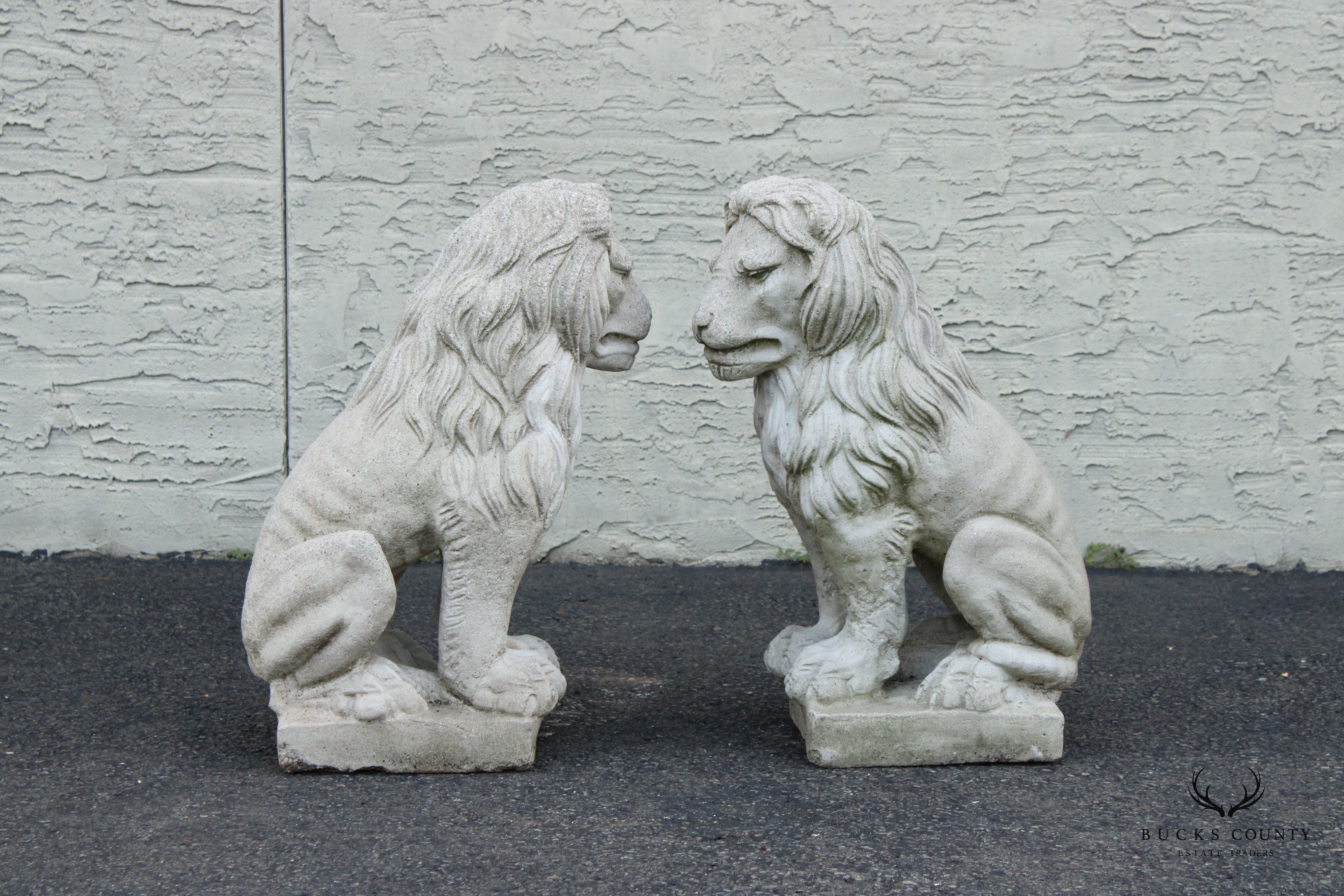 Vintage Pair Cast Stone Garden Lion Statues