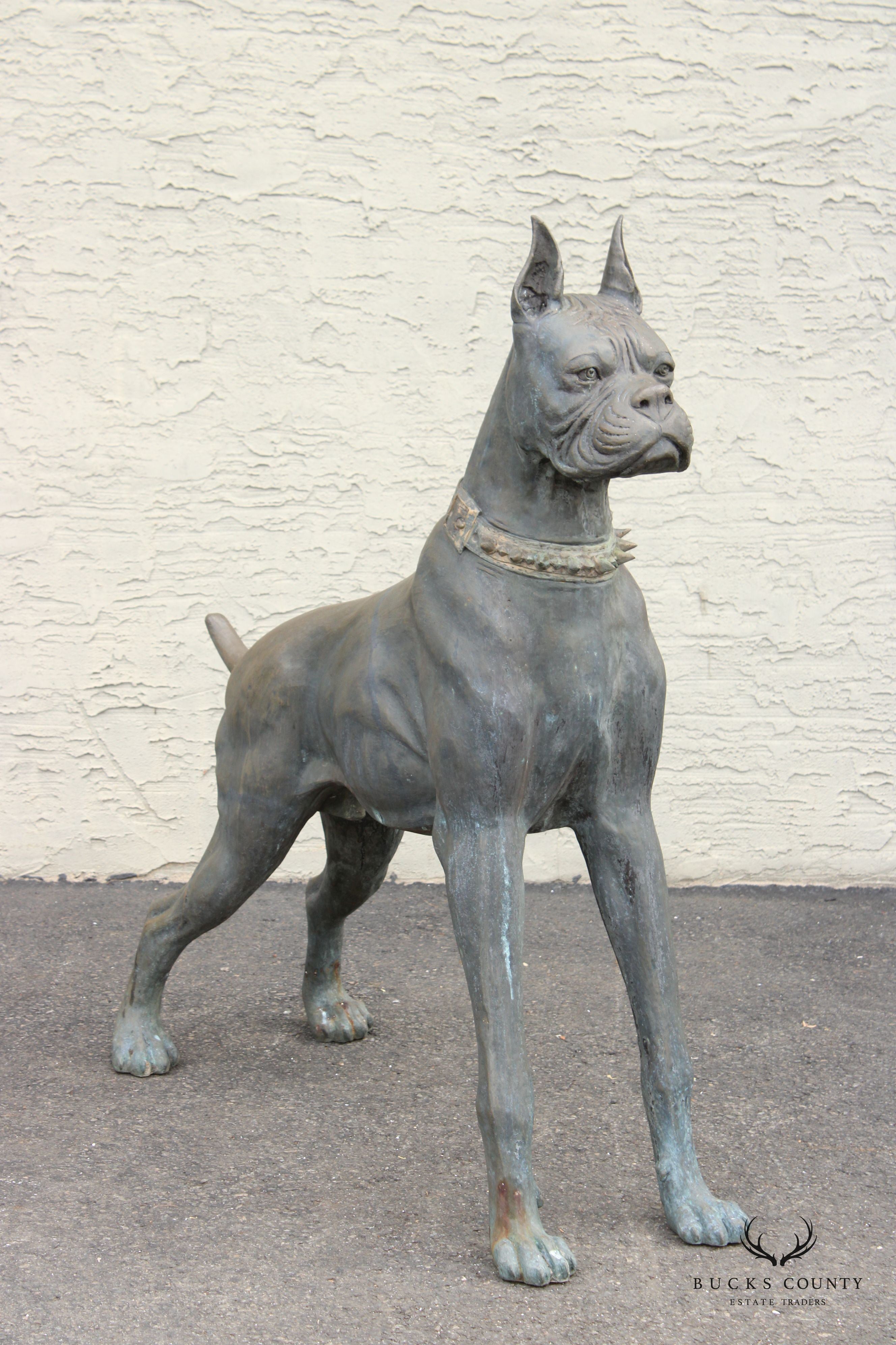 Large Pair of Patinated Bronze Boxer Dogs Garden Statues