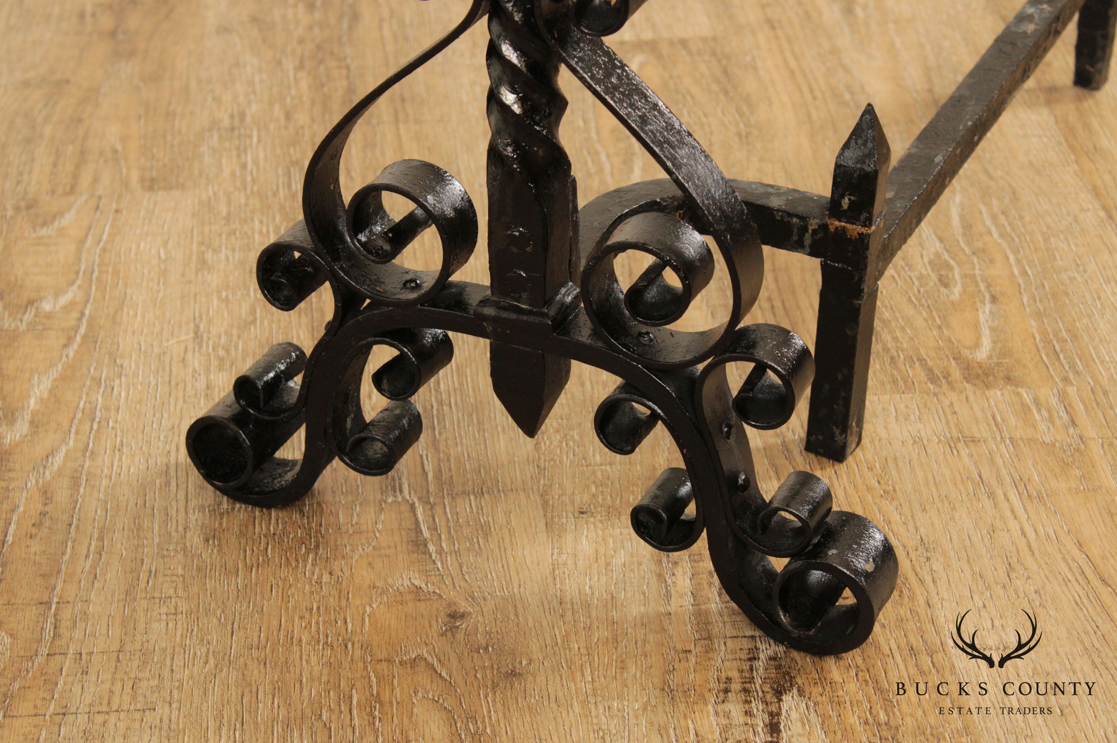 Quality Vintage Pair Wrought Iron Andirons