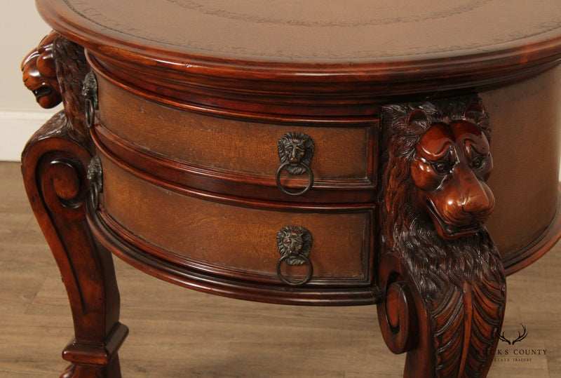 Georgian Style Carved Mahogany Round Leather Top Two-Drawer Side Table