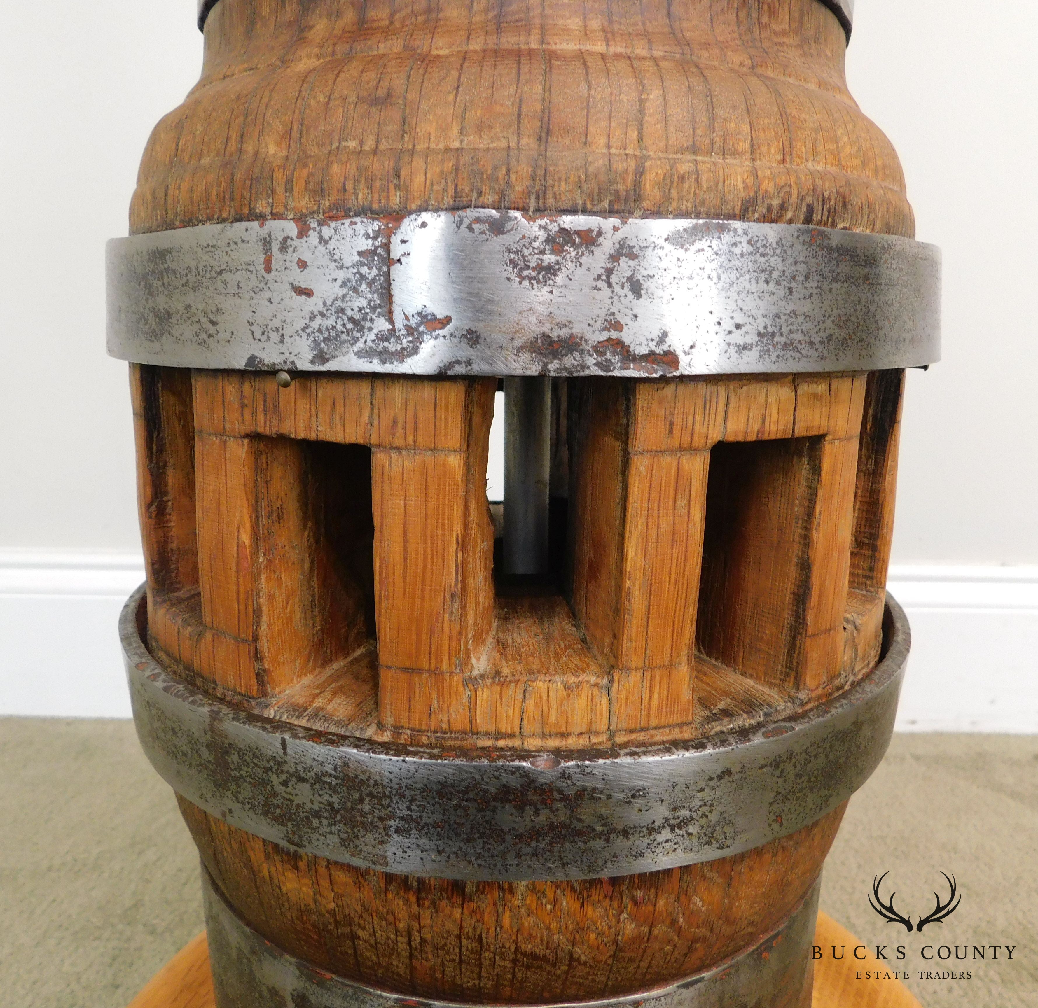 Heavy Wood and Steel Vintage Pair Barrel Table Lamps