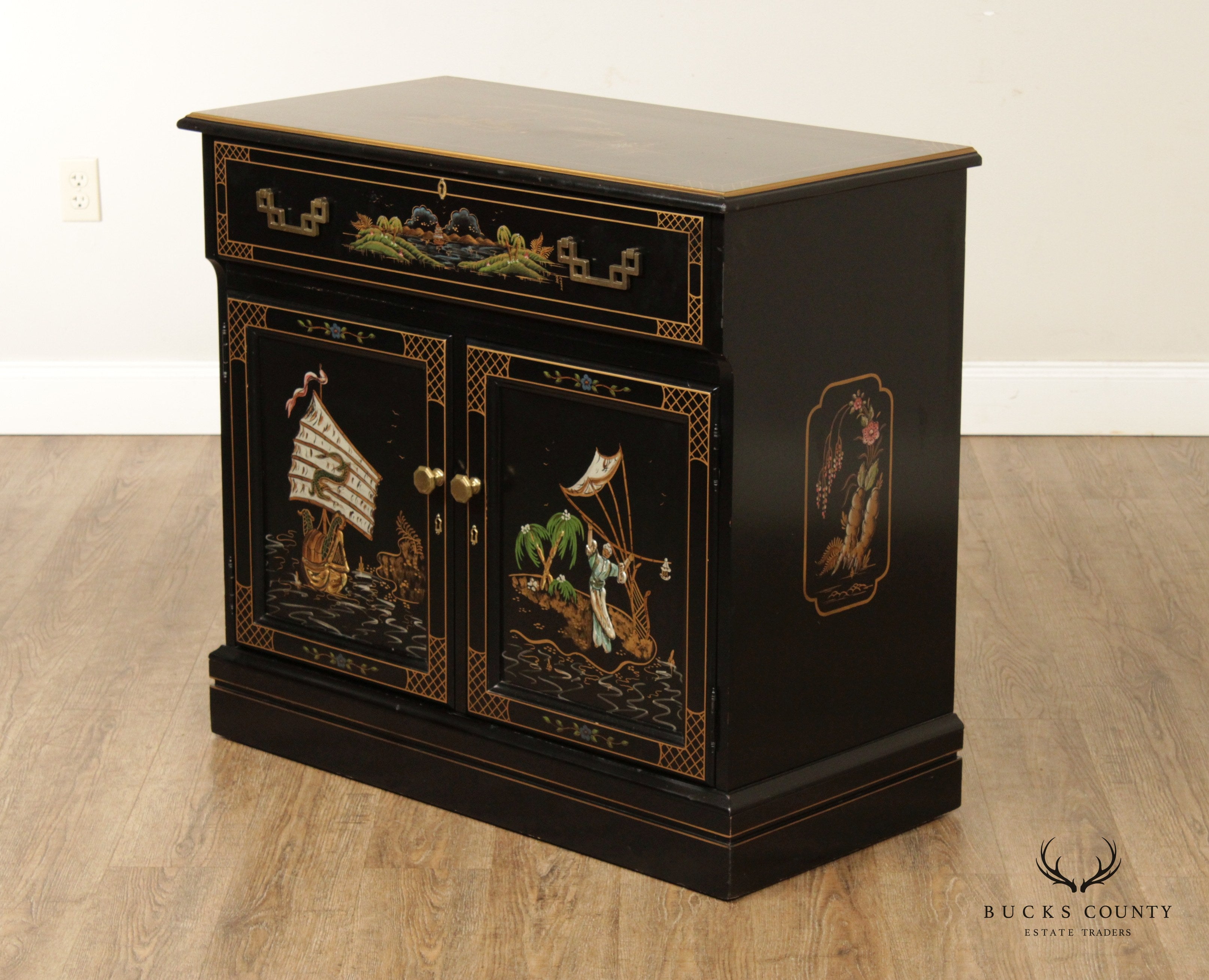 Jasper Chinoiserie Black Lacquer Liquor Bar Serving Cabinet