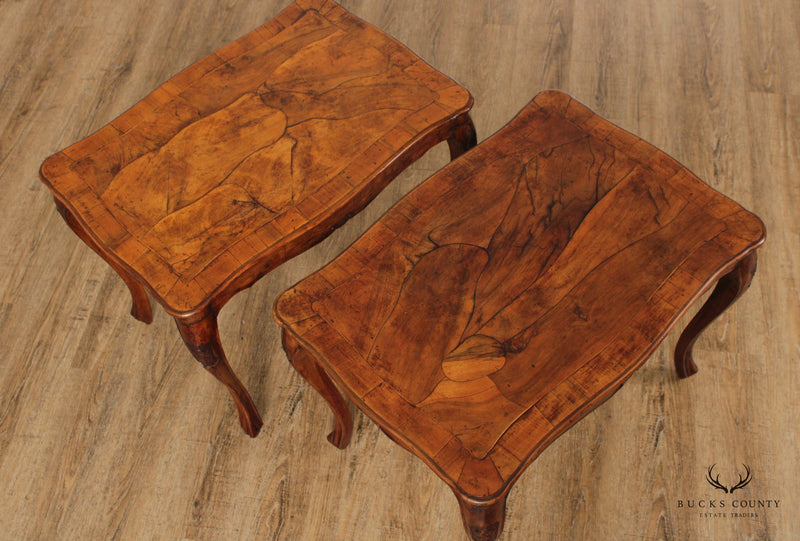 Italian Provincial Antique Walnut & Oyster Wood End Tables