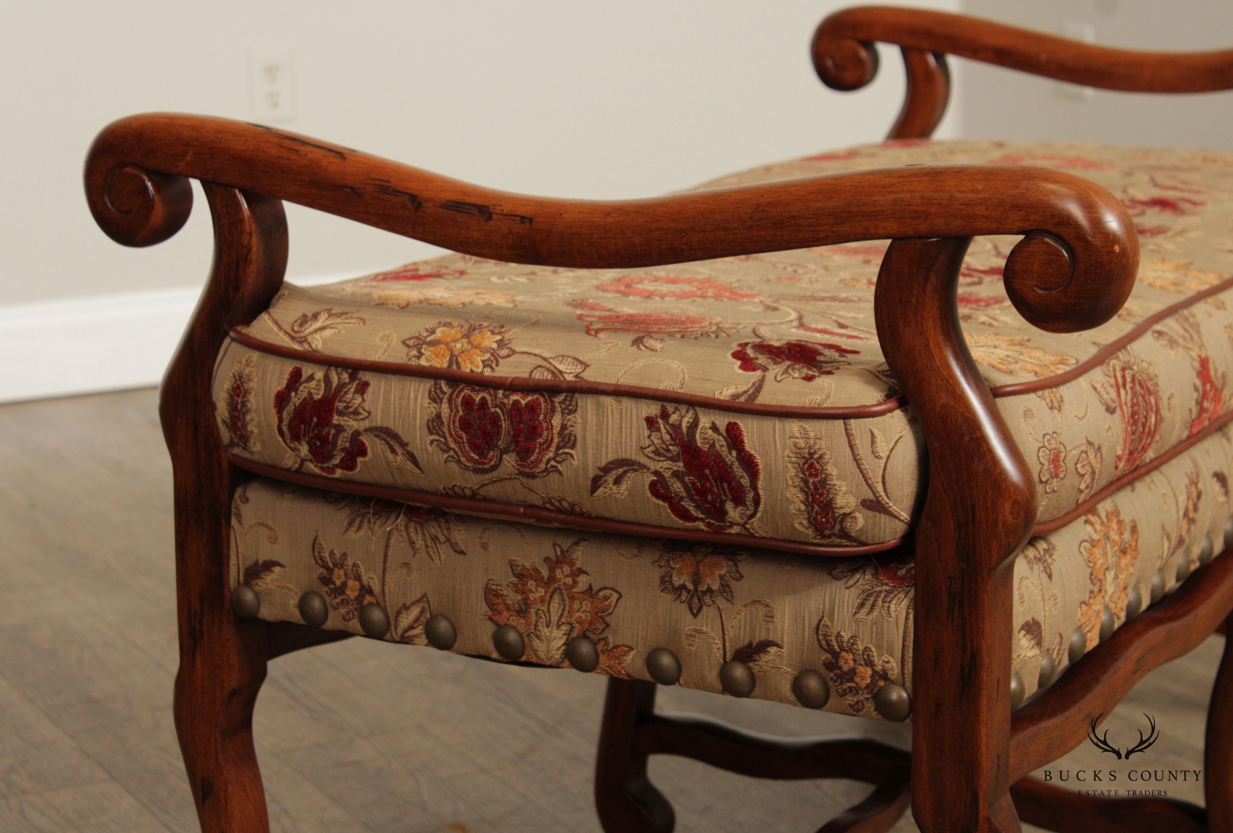 French Louis XIII Style Custom Upholstered Six Leg Window Bench