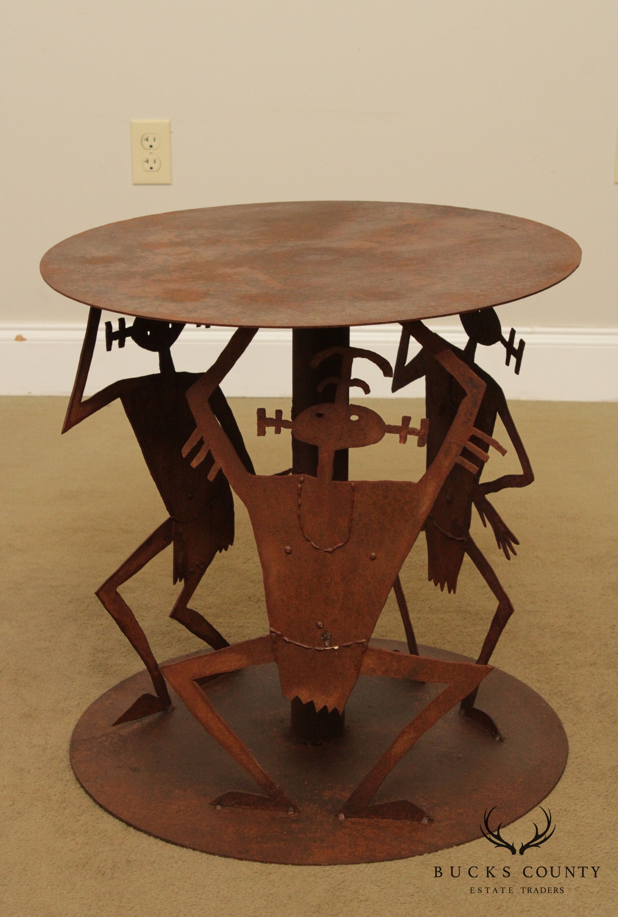 Studio Crafted Rusted Steel Round Garden Table, Dancing Figures