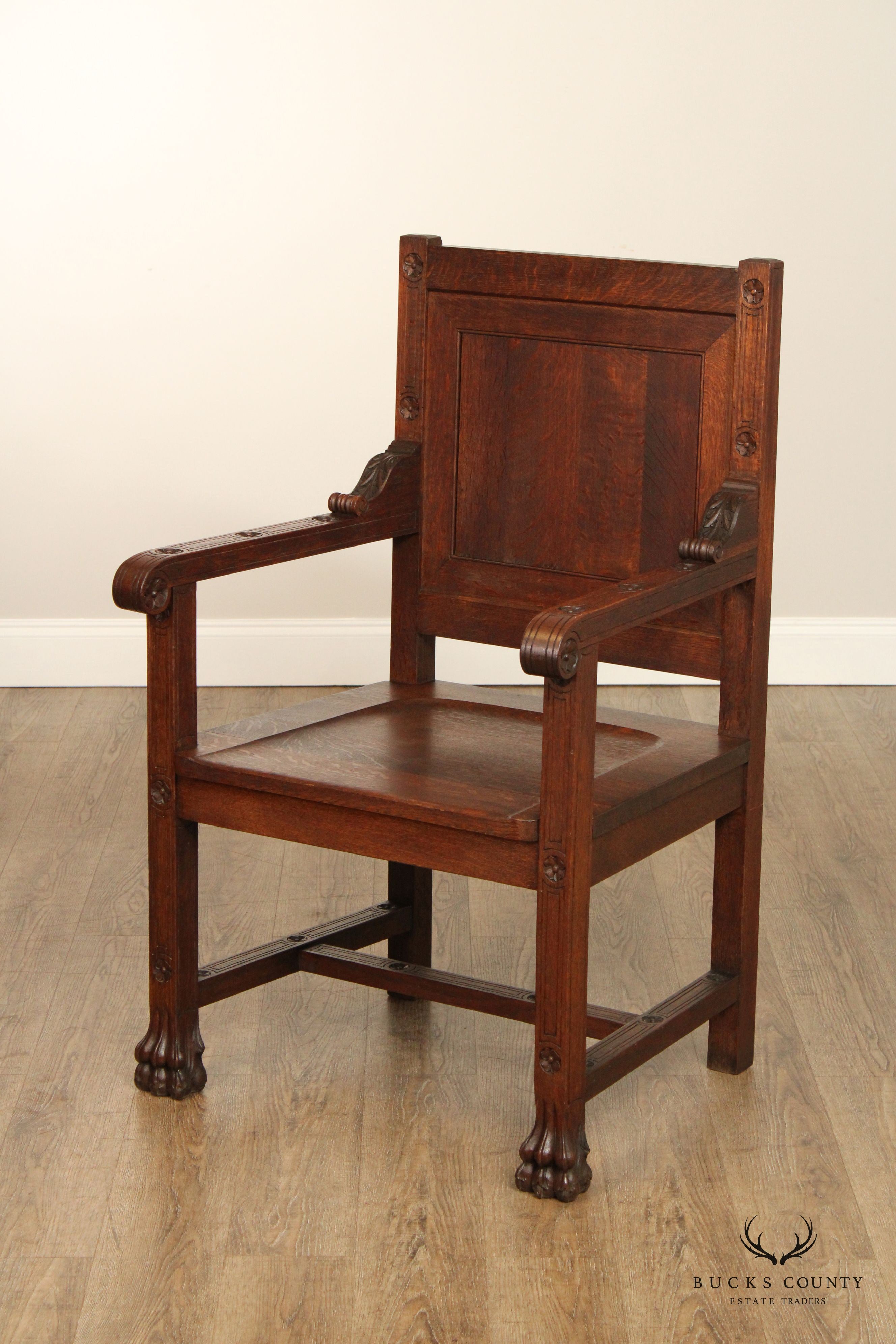 English Traditional Pair of Carved Oak Wainscot Armchairs