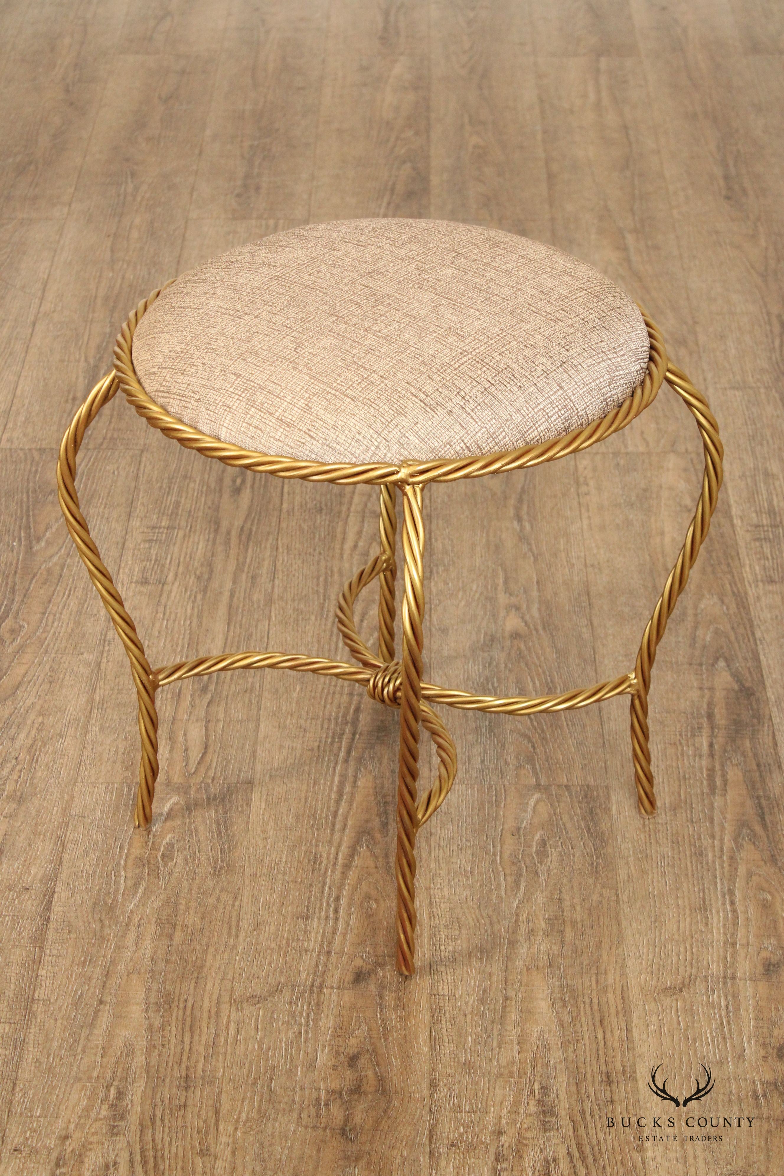 Hollywood Regency Pair of Gilt Metal Rope Twist Stools