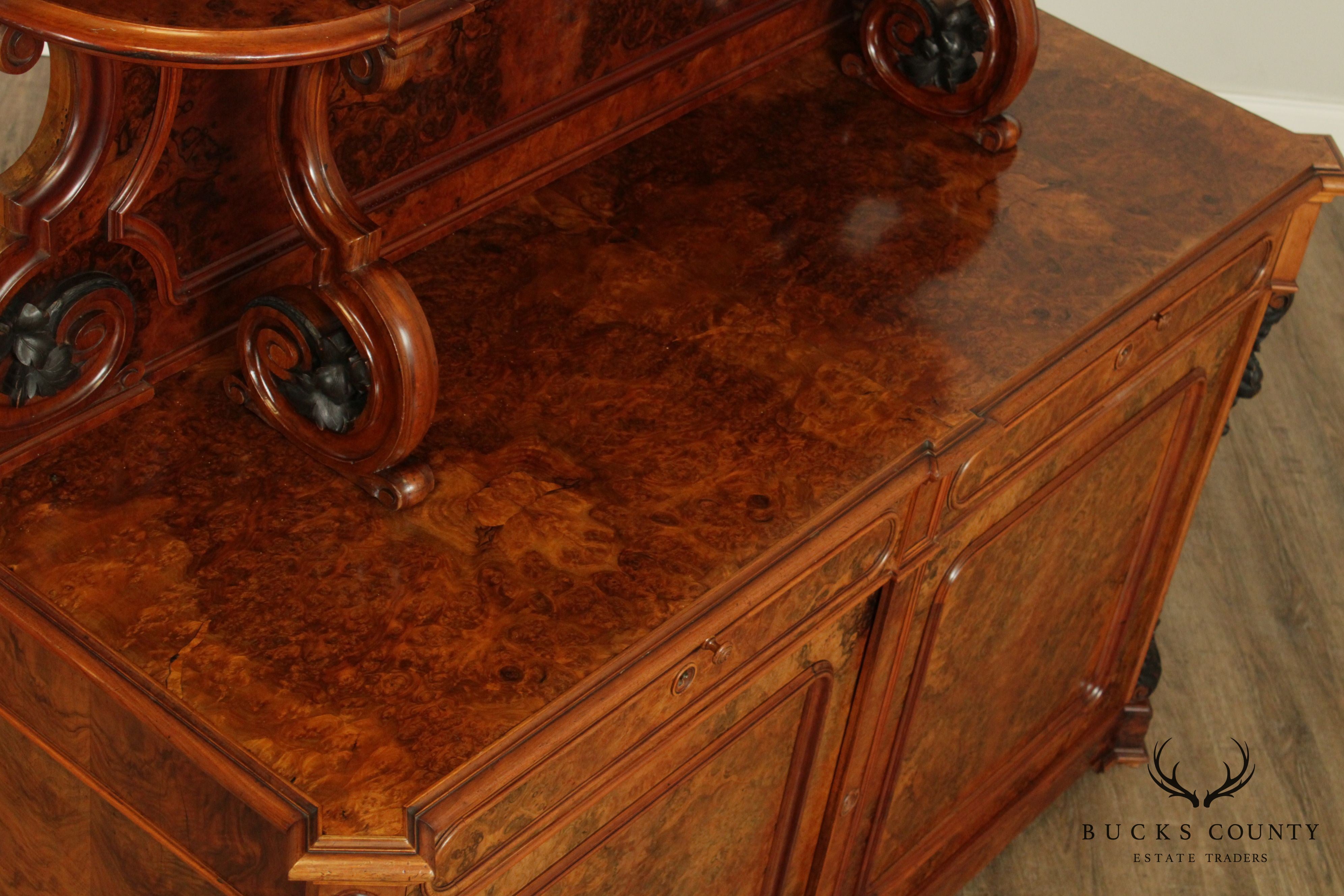 Renaissance Revival Antique Burlwood Grape Carved Sideboard