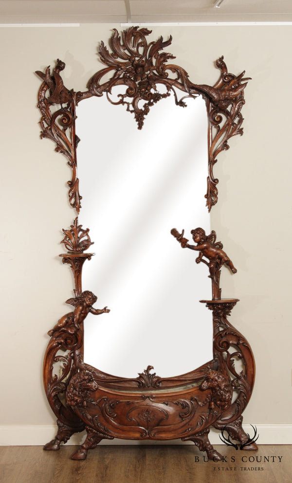 Antique French Renaissance Revival Carved Walnut Hall Mirror