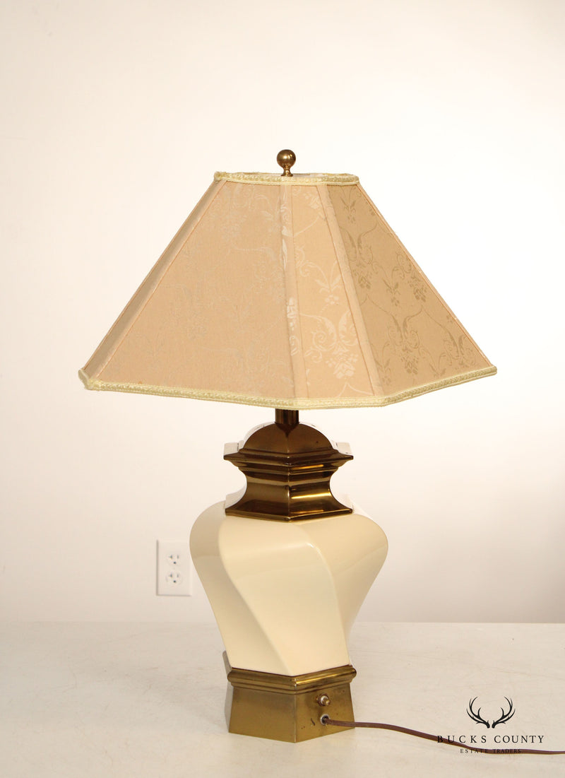 STIFFEL  BRASS AND CERAMIC PAIR OF VINTAGE HEXAGONAL TABLE LAMPS