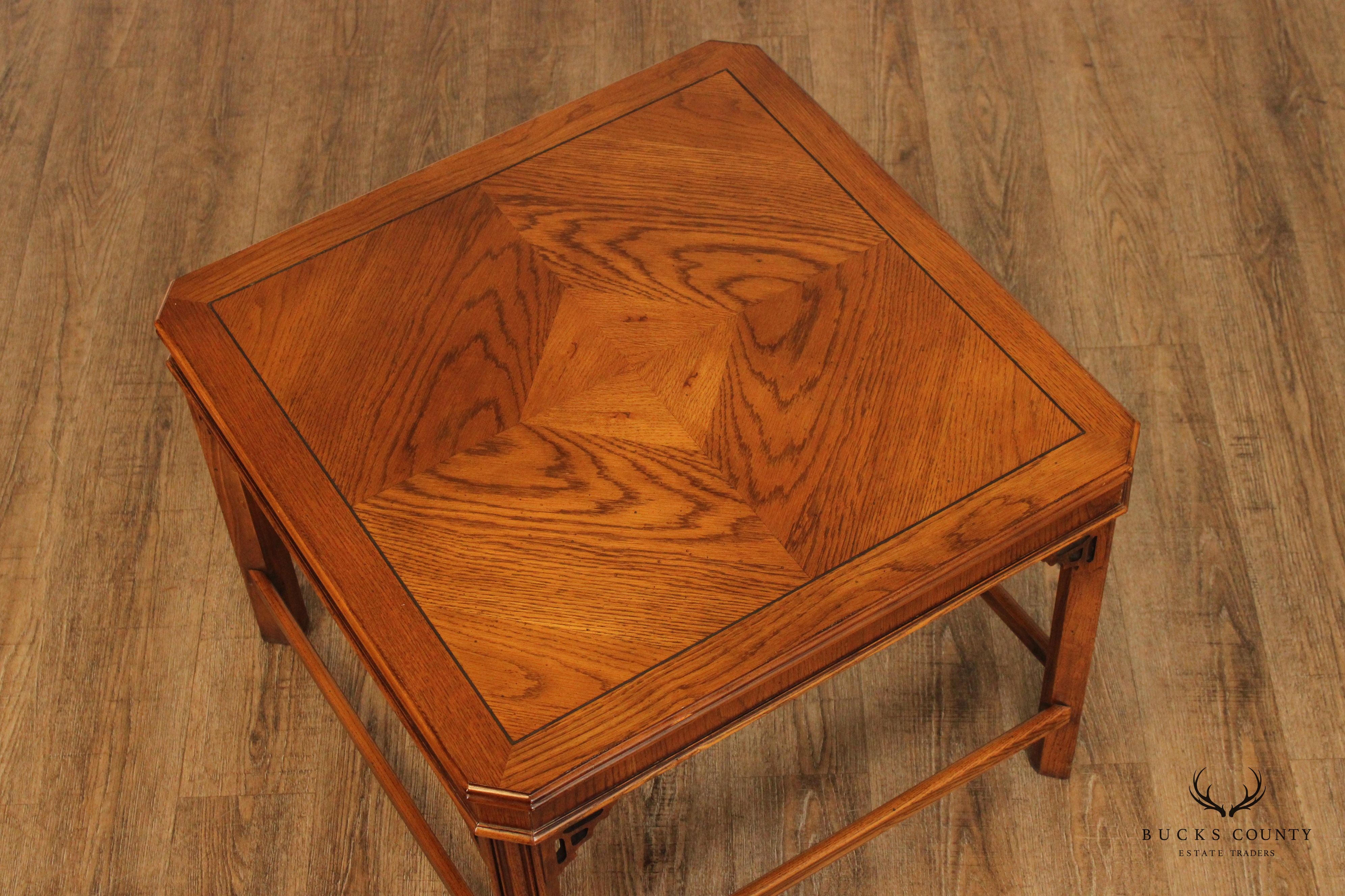 Lane Chinese Chippendale Style Pair of Square Oak End Tables