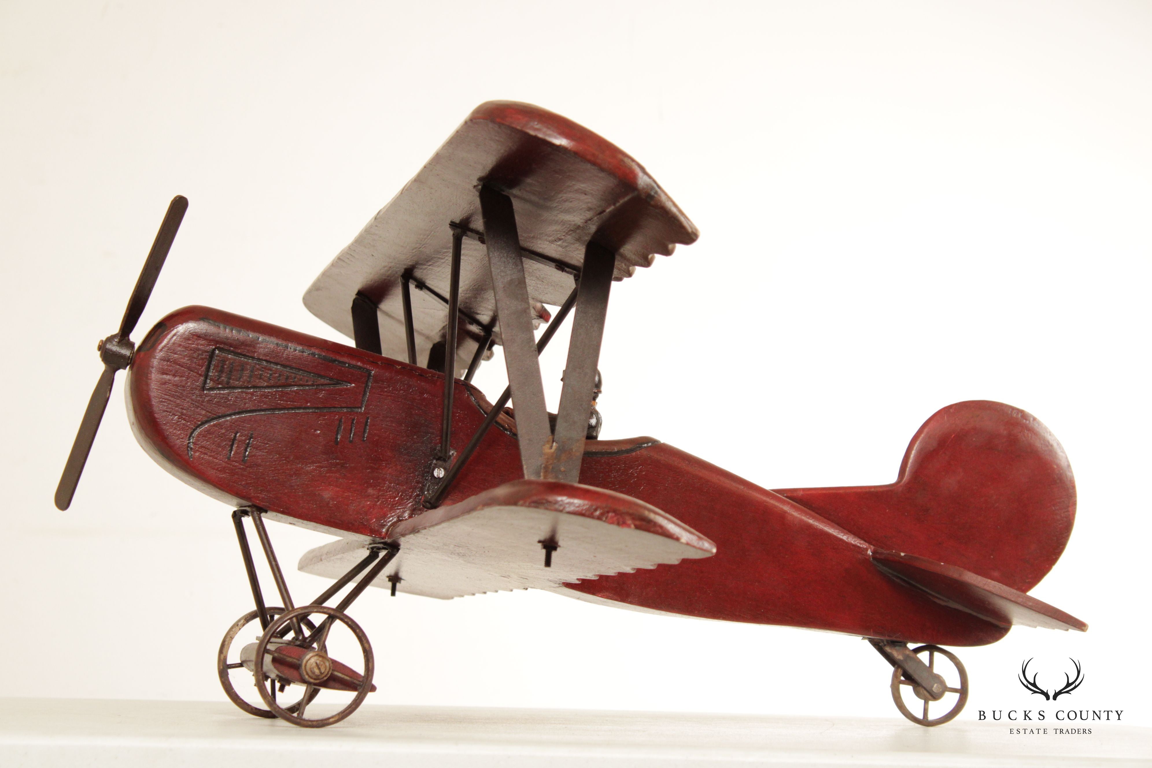 Post War Vintage Carved Wood Bi-Plane