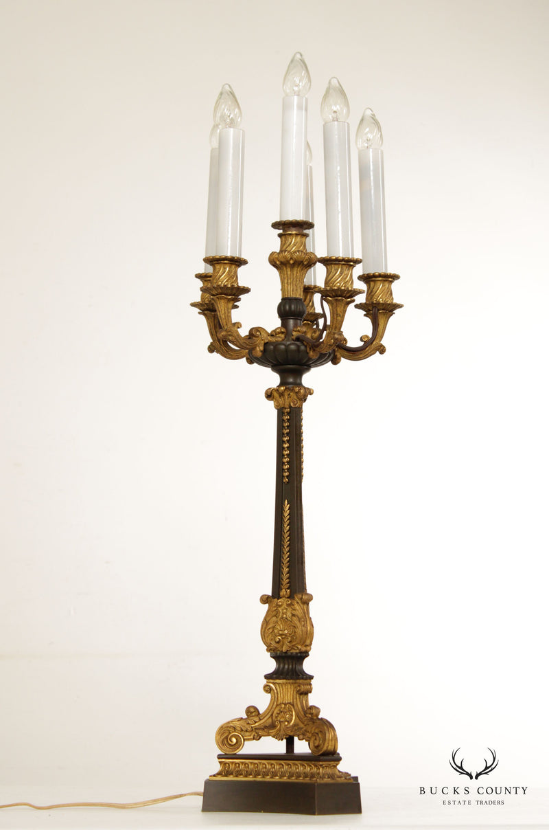 French Empire Style Pair of Gilt Bronze Candelabra 6-Light Lamps