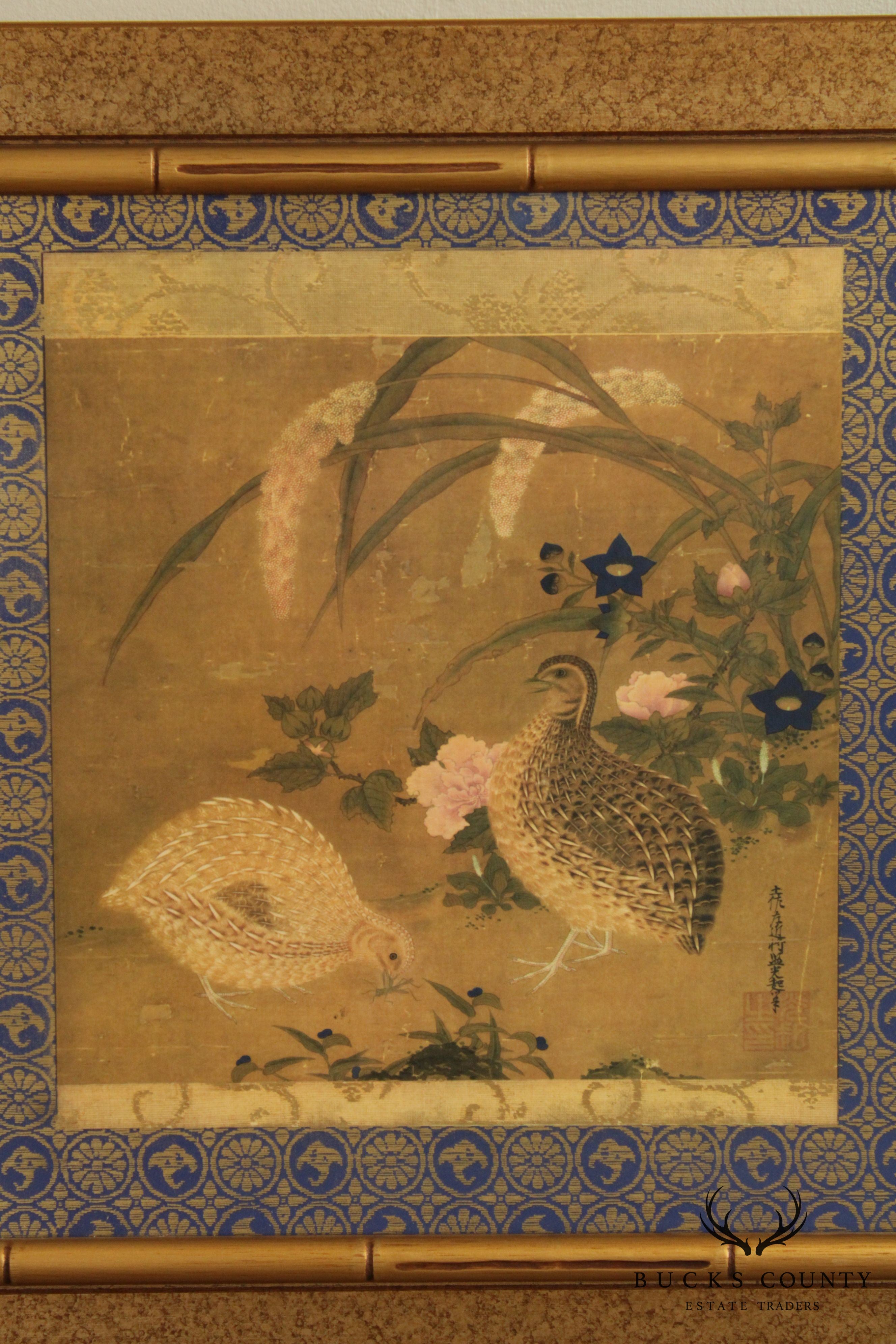 Tosa Mitsuoki "Quail Birds and Flowers" Faux Bamboo Framed Art Print