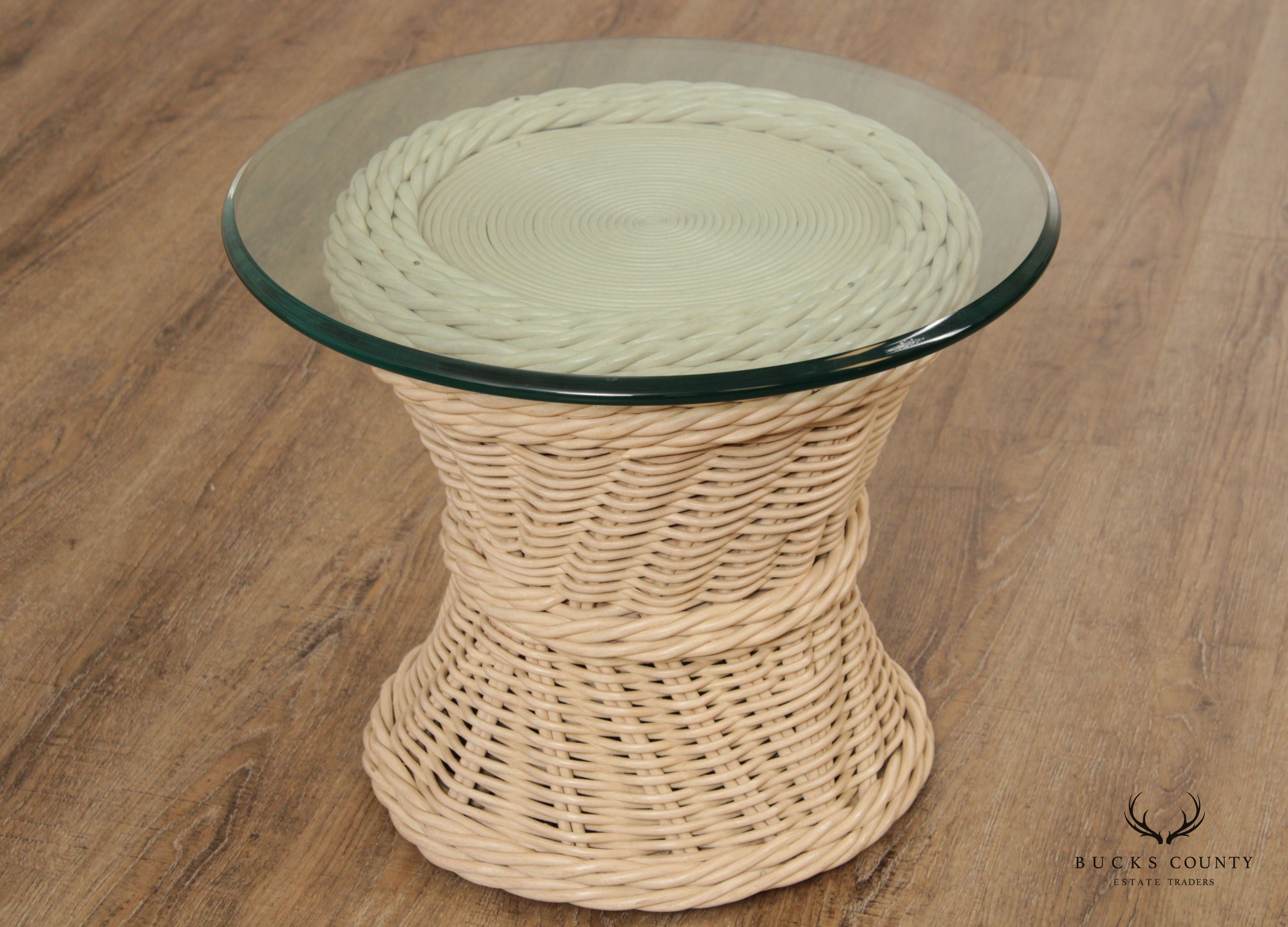 Quality Vintage Round Wicker Rattan Glass Top Side Table