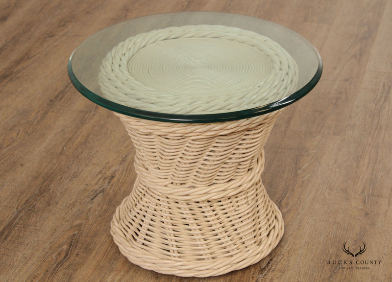 Quality Vintage Round Wicker Rattan Glass Top Side Table