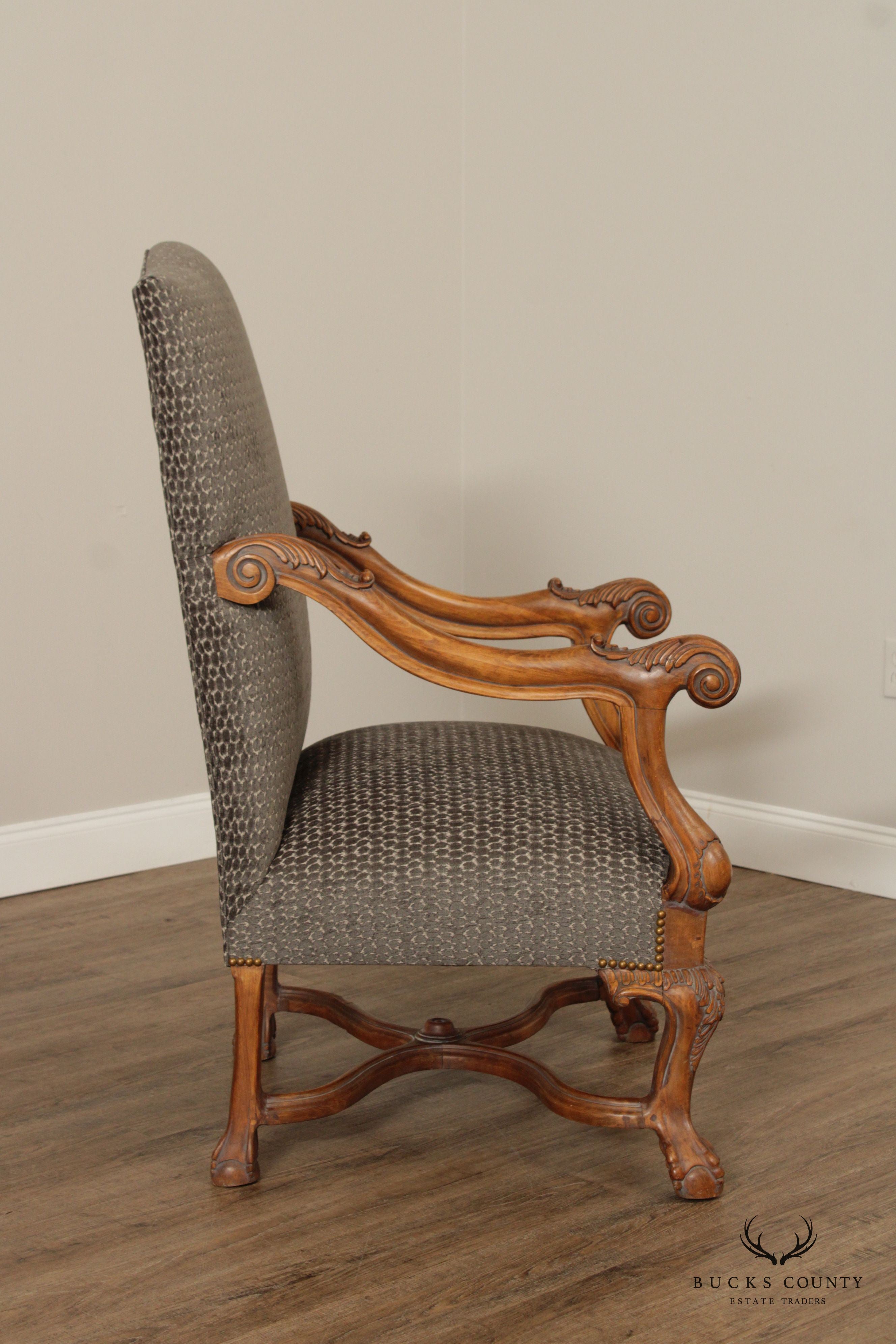 French Renaissance Revival  Style Quality Pair of Carved And Upholstered  Armchairs