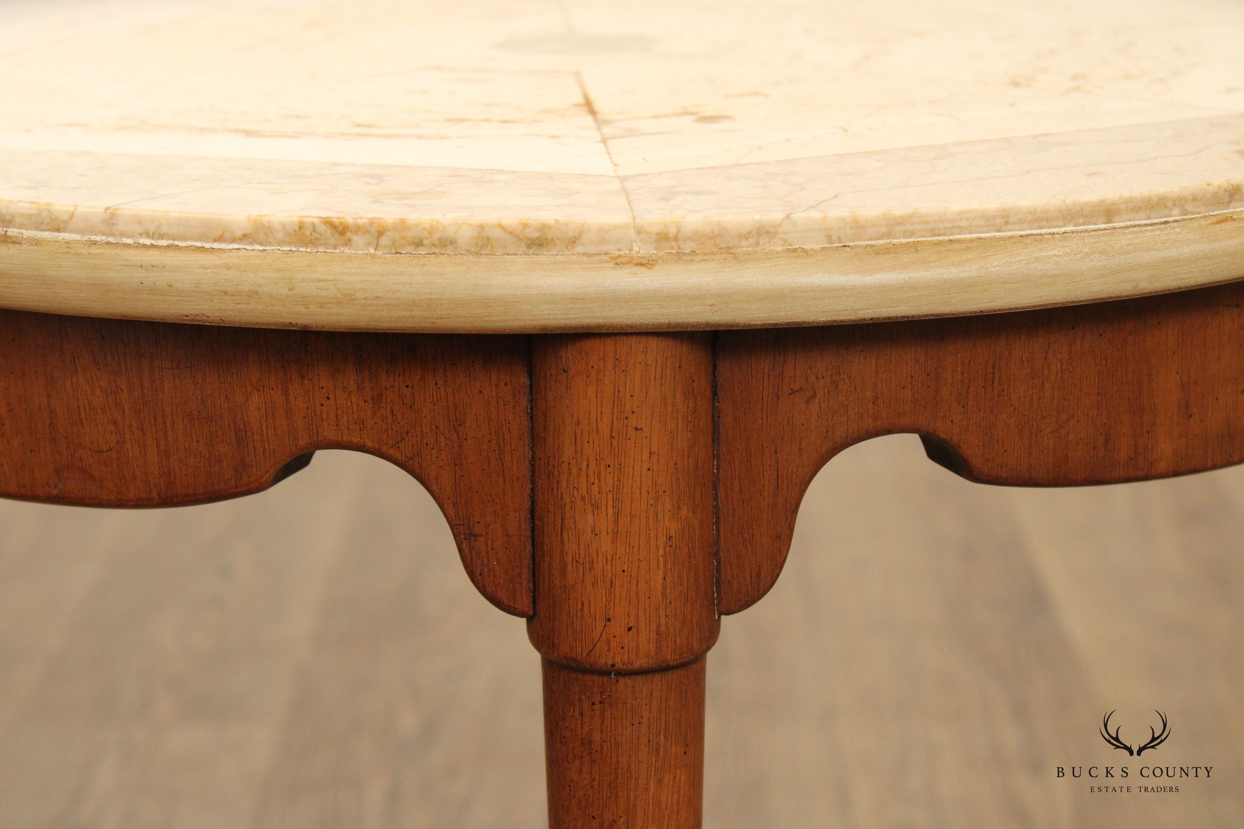 Italian Mid Century Round Travertine Top Walnut Side Table