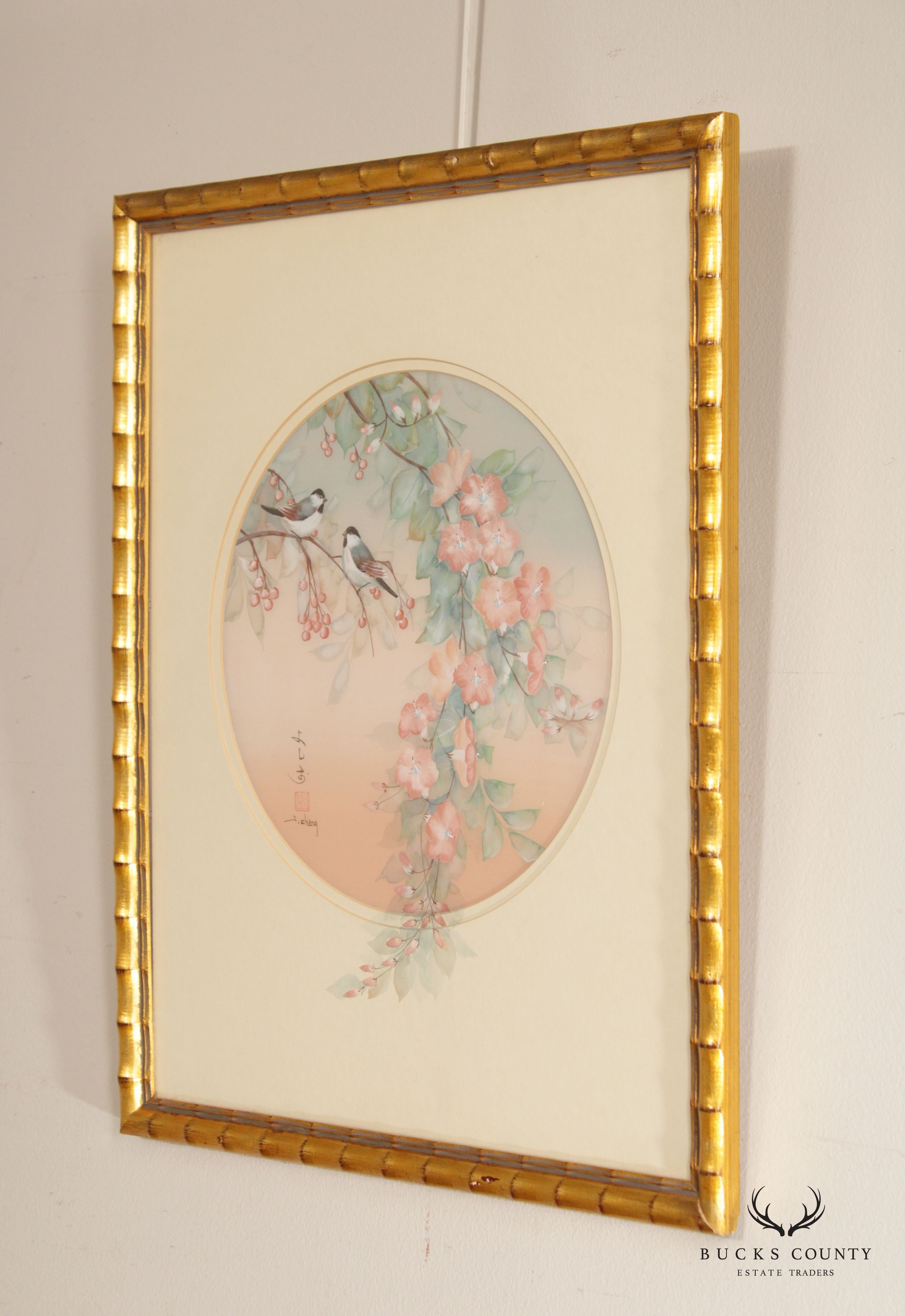 Chinese 20th C. Birds and Floral Silk Painting, Signed 'J. Cheng'