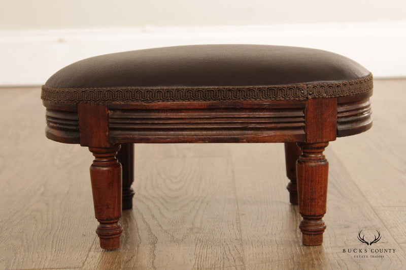 Antique French Victorian Style Oak and Brown Leather Foot Stool