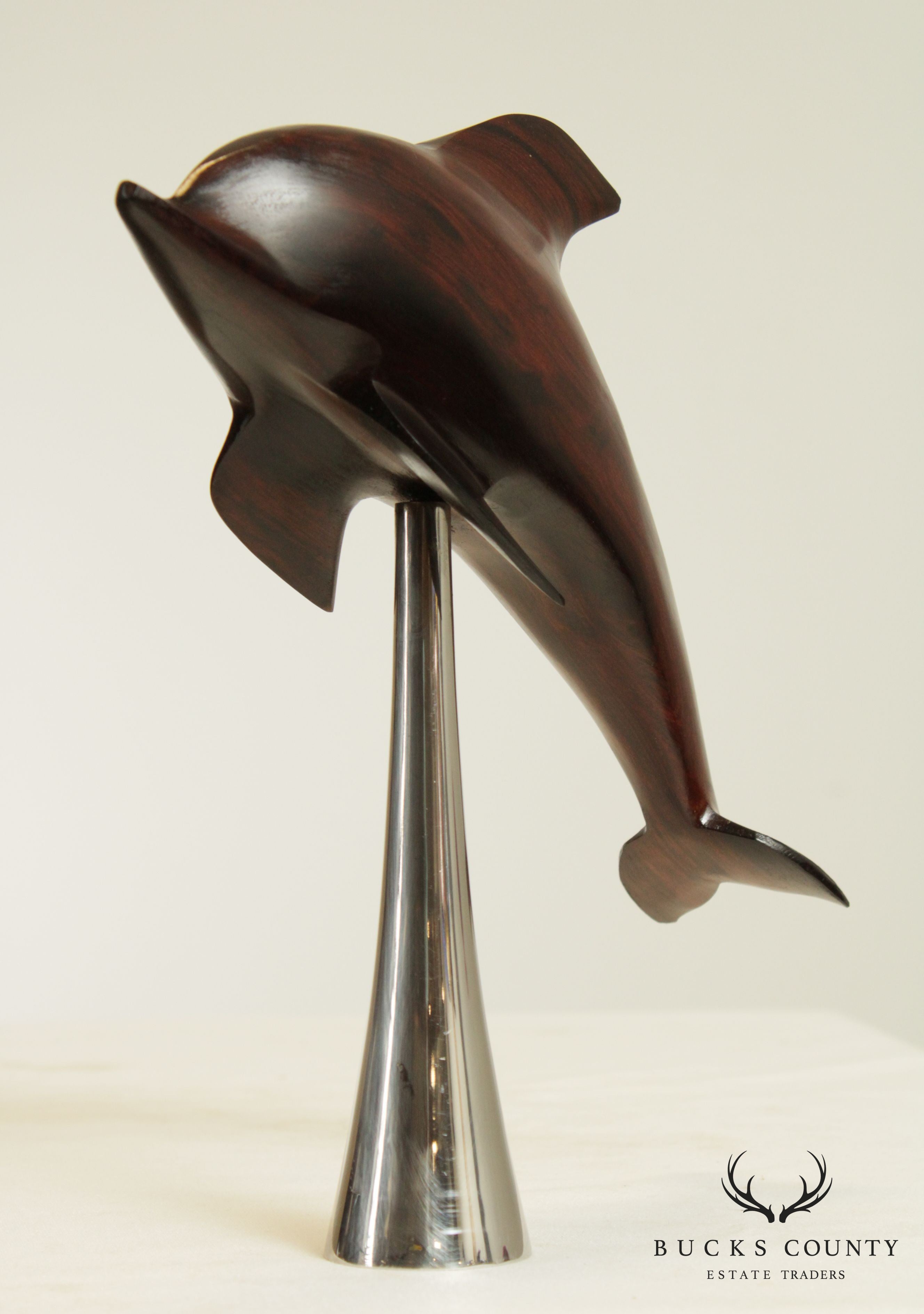 Mid Century Modern Carved Rosewood Dolphin Sculpture on Chrome Base