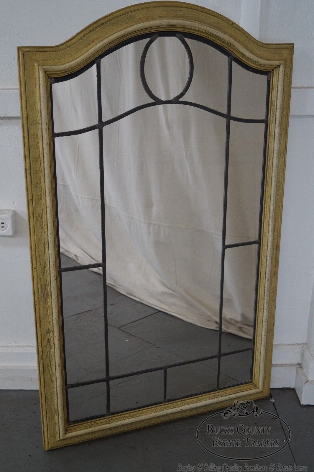 Vintage Cerused Oak Frame Leaded Glass Mirror