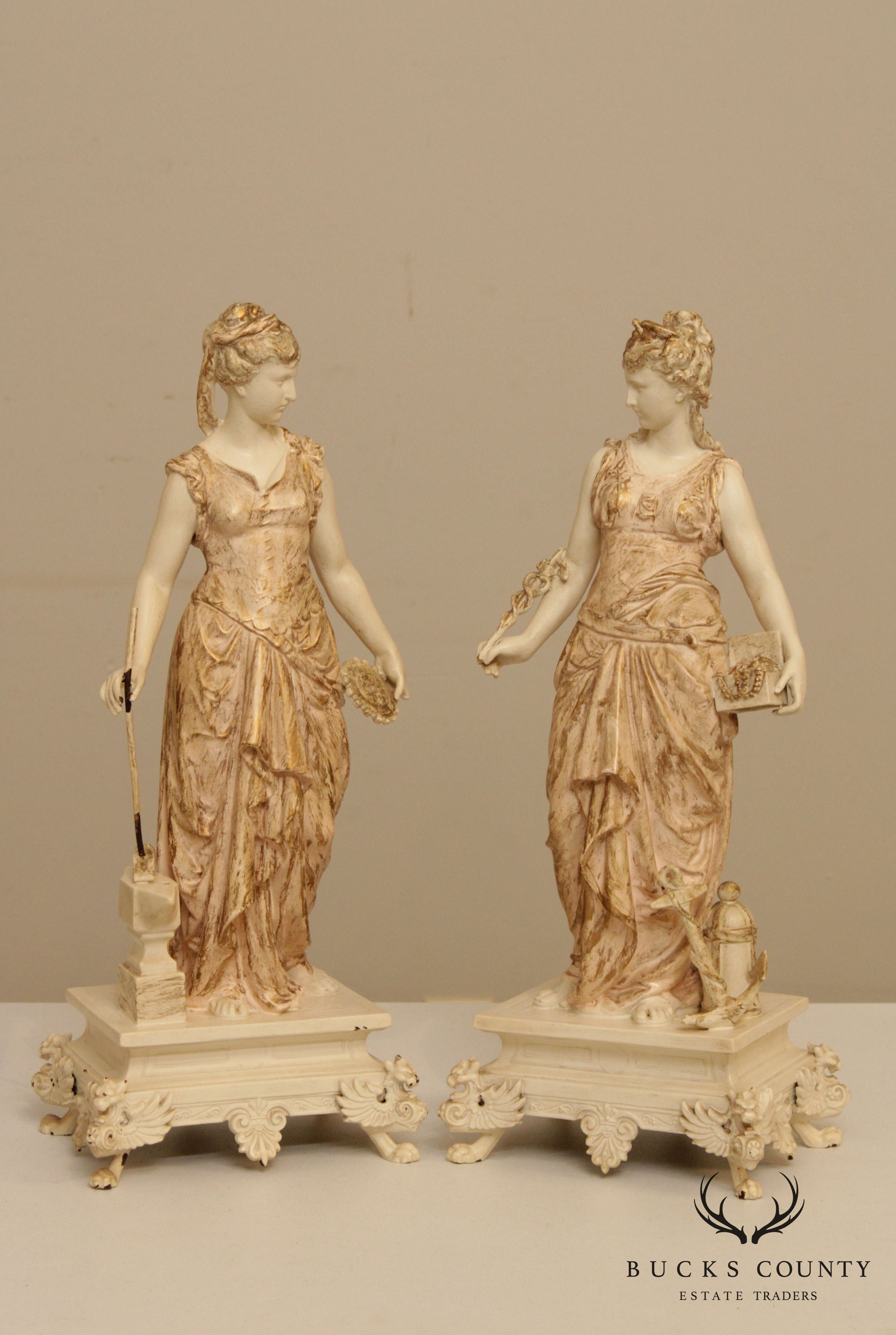 Antique Cast Spelter Pair Figural Goddess Statues