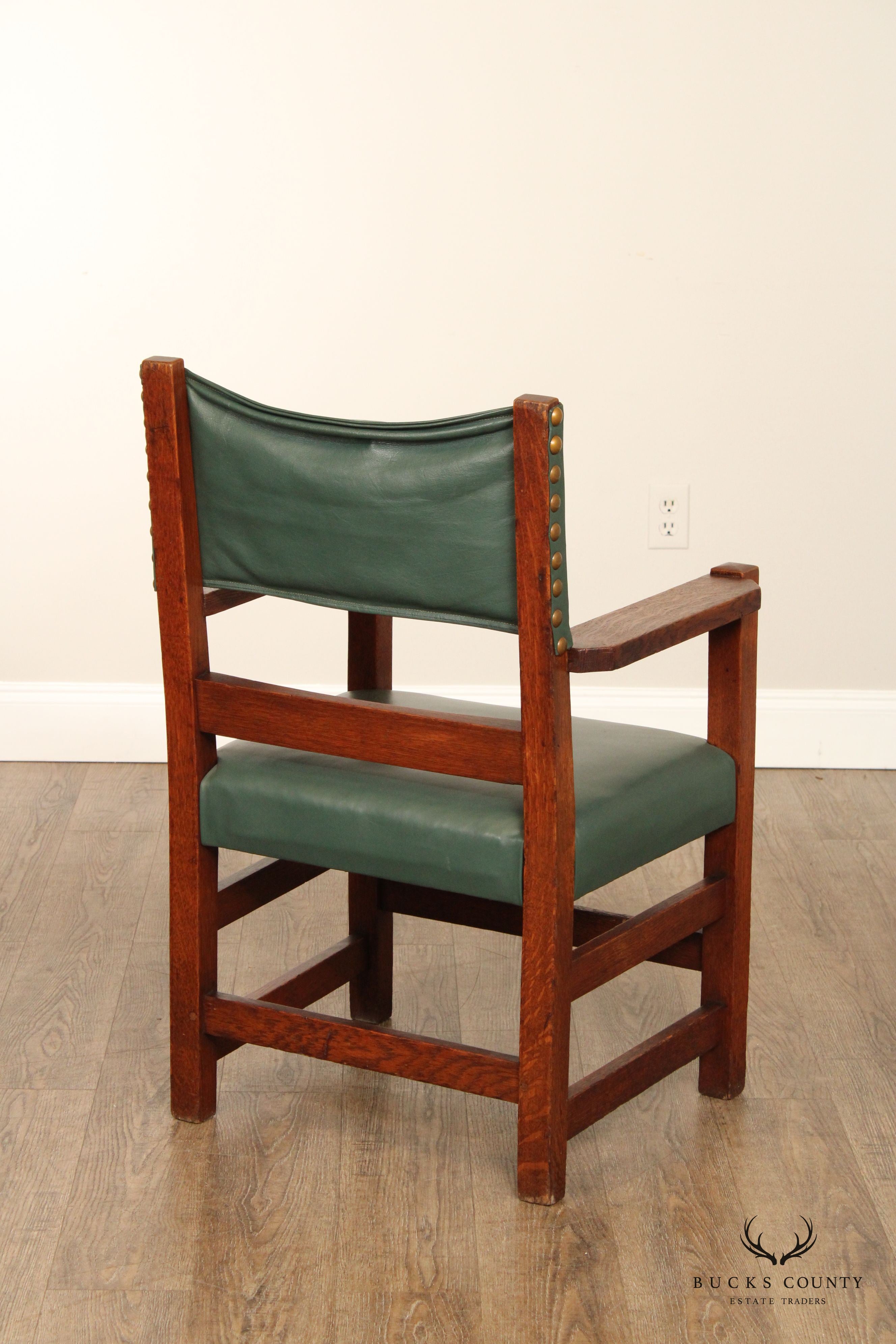 Gustav Stickley Antique Mission Oak Pair of Leather Back Armchairs