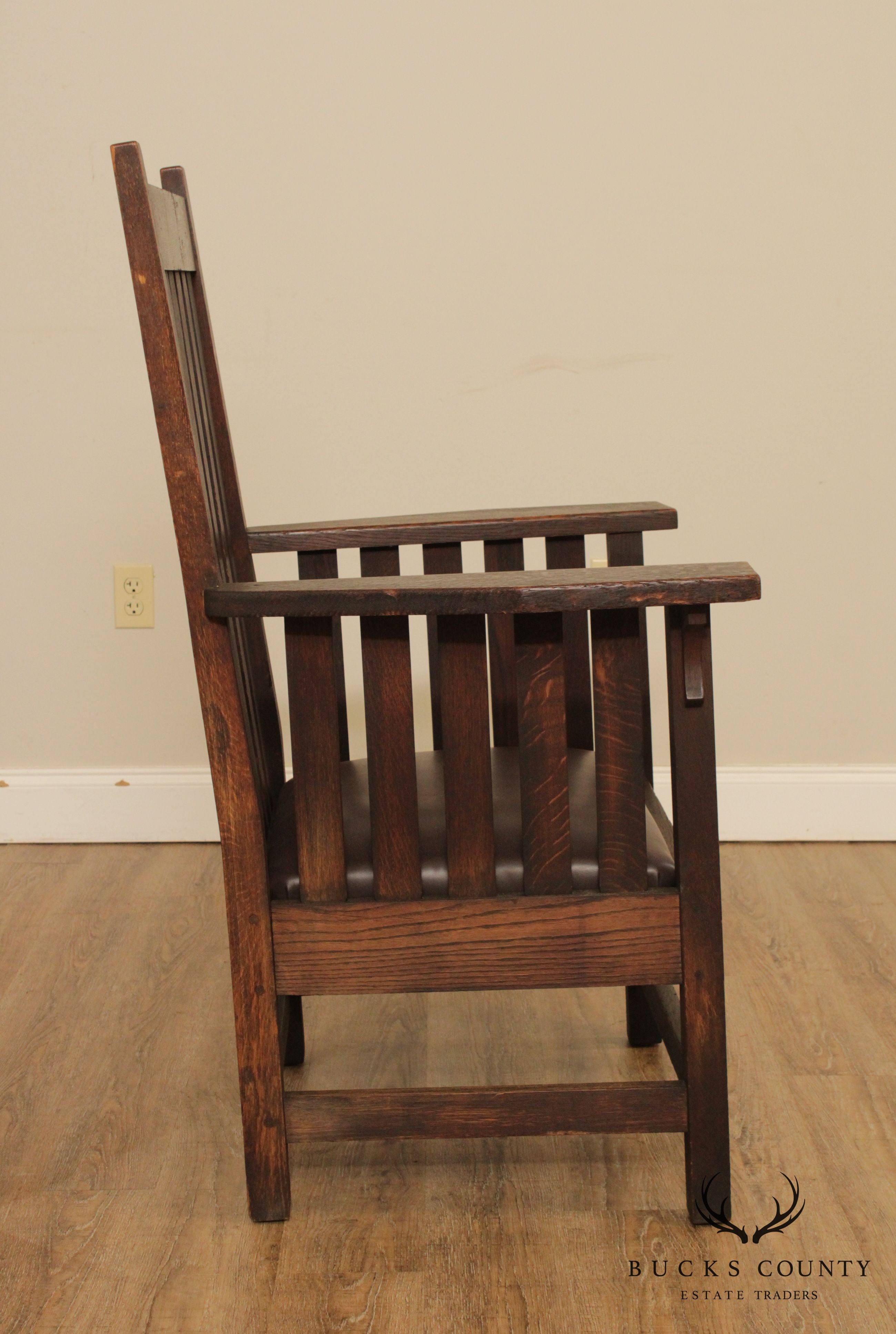 Antique Mission Oak & Leather High Back Armchair