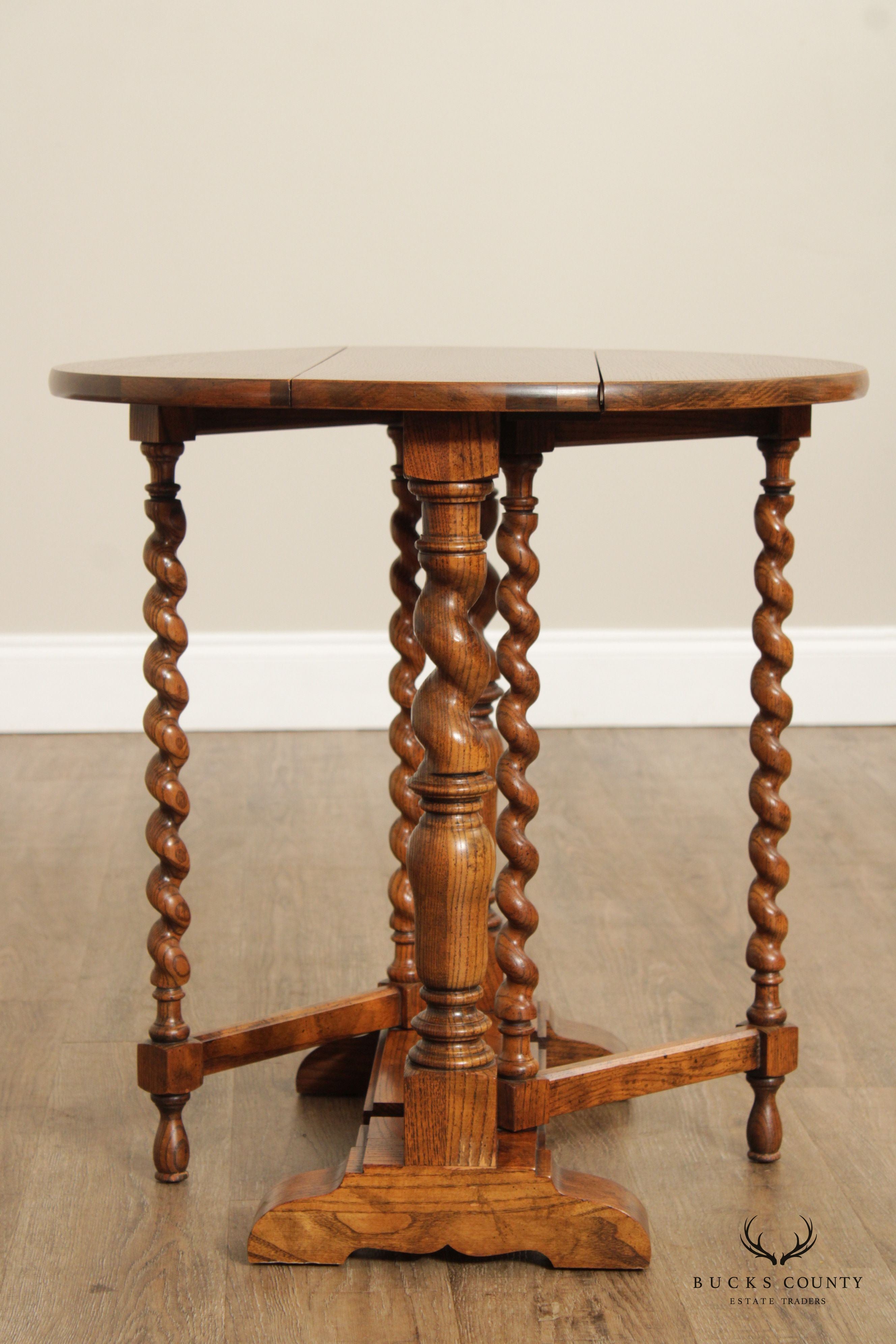 Baker Furniture Jacobean Style Oak Barley Twist Drop Leaf Table