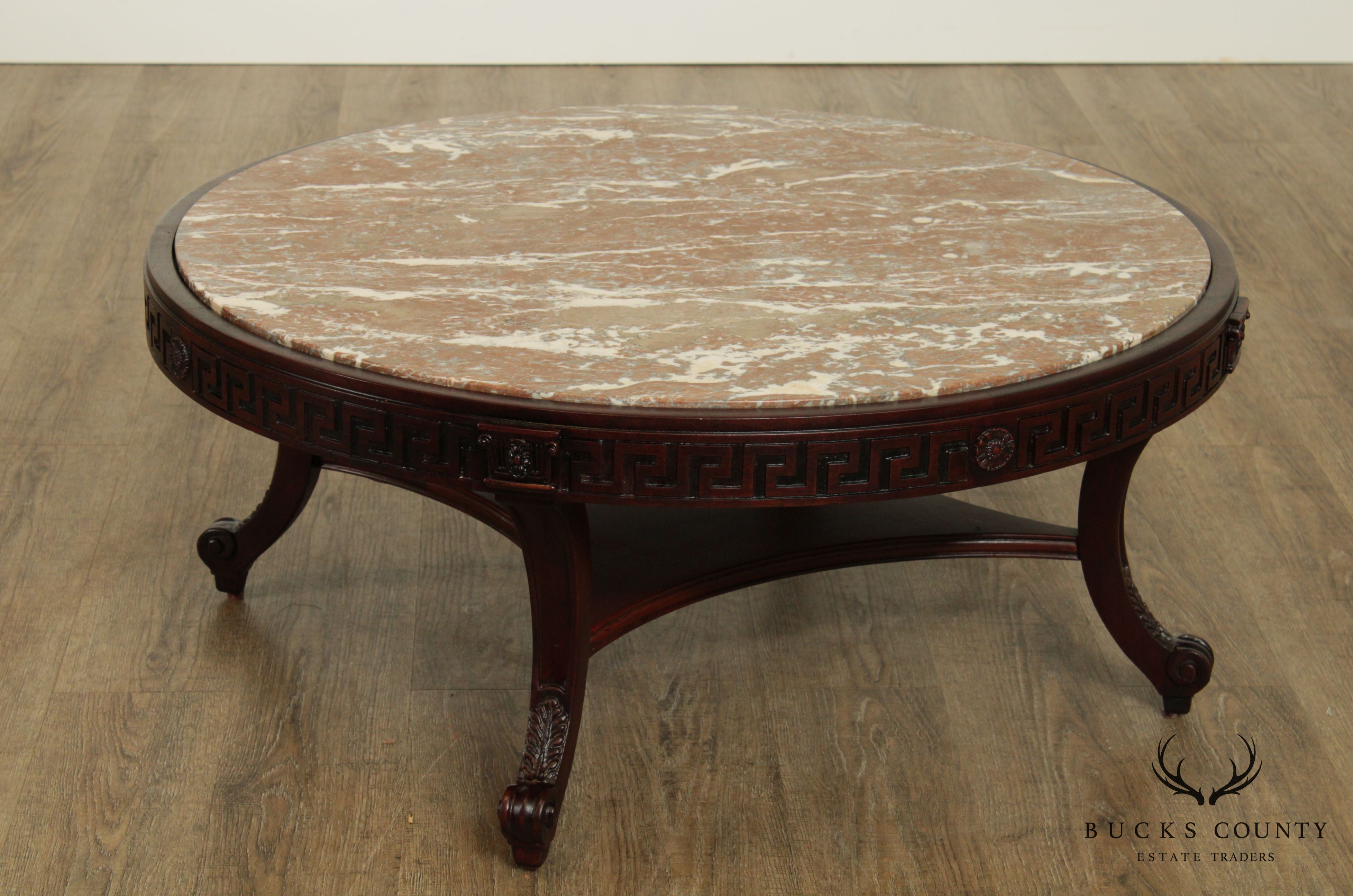 Vintage Greek Revival Neo-Classical Style Round Marble Top Mahogany Coffee Table