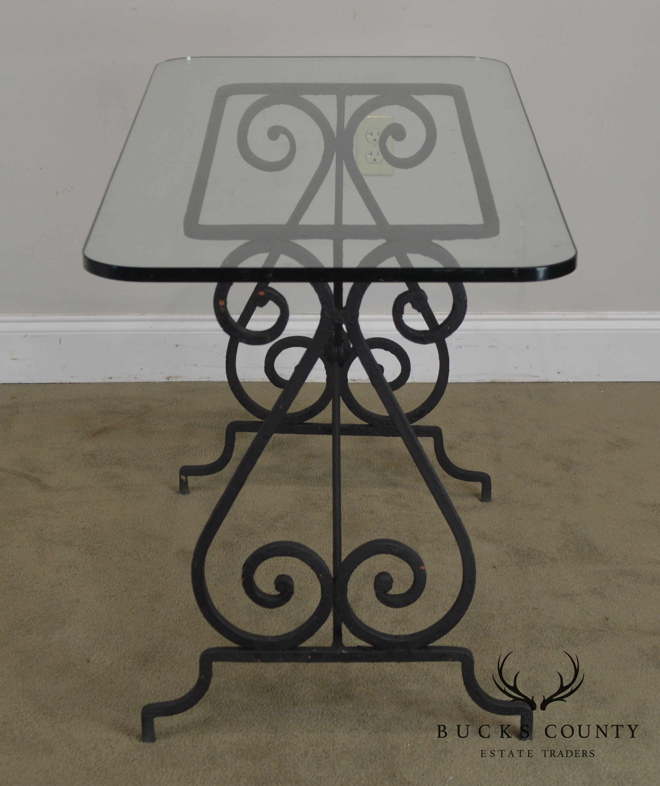 Antique Forged Iron Bistro Table With Glass Top