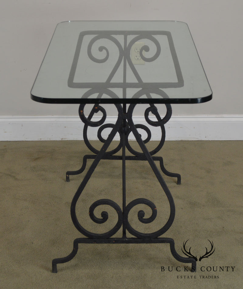 Antique Forged Iron Bistro Table With Glass Top