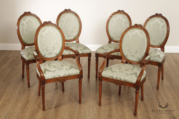 French Louis XVI Style Set of Six Carved Walnut Oval Back Dining Chairs
