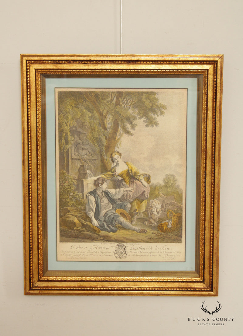 Antique 18th C. French 'L' Obeissance Recompensee' Hand-Colored Engraving, After Francois Boucher