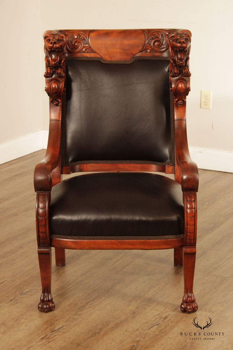 Antique American Empire Style Lion Carved Leather Armchair (B)