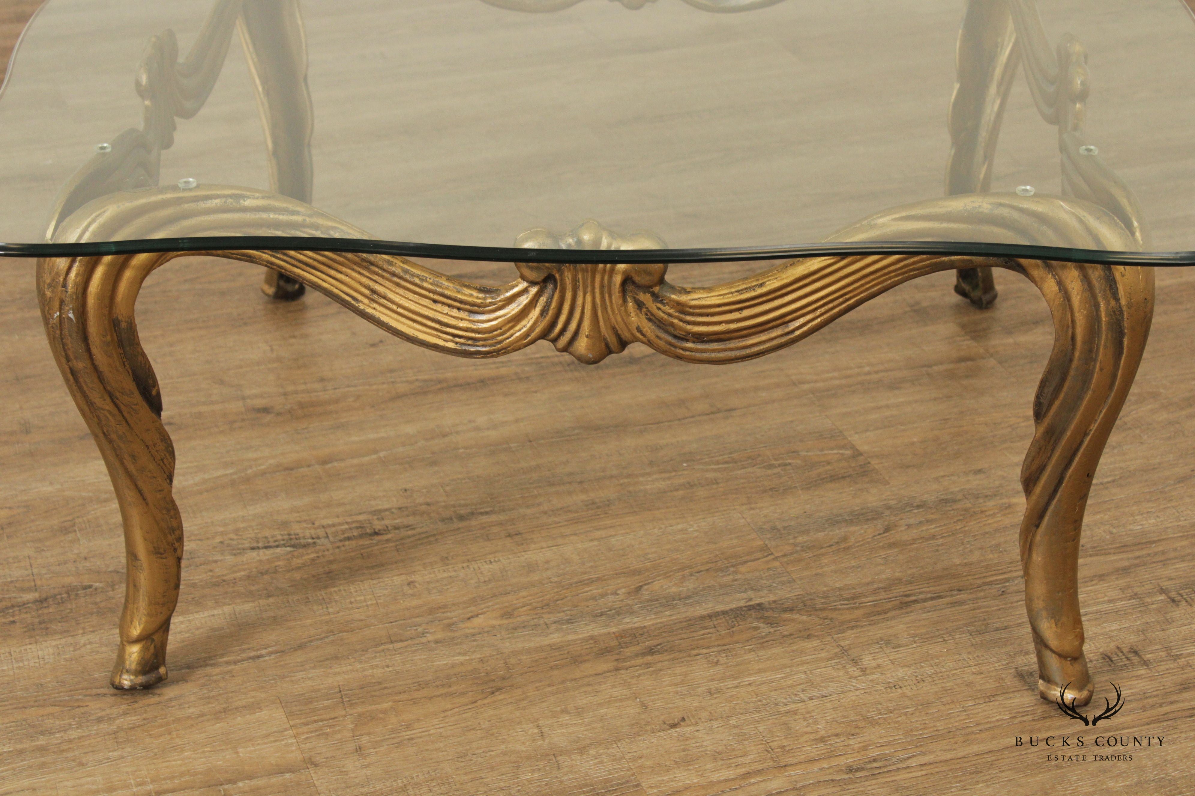 Hollywood Regency Vintage Gilt Metal and Glass Coffee Table