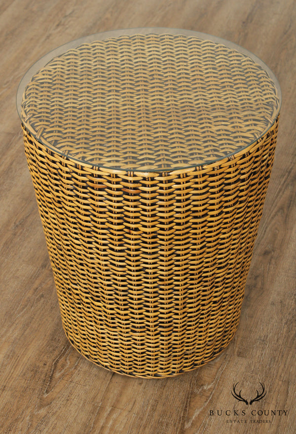 Vintage Woven Wicker Rattan Glass Top Round Side Table