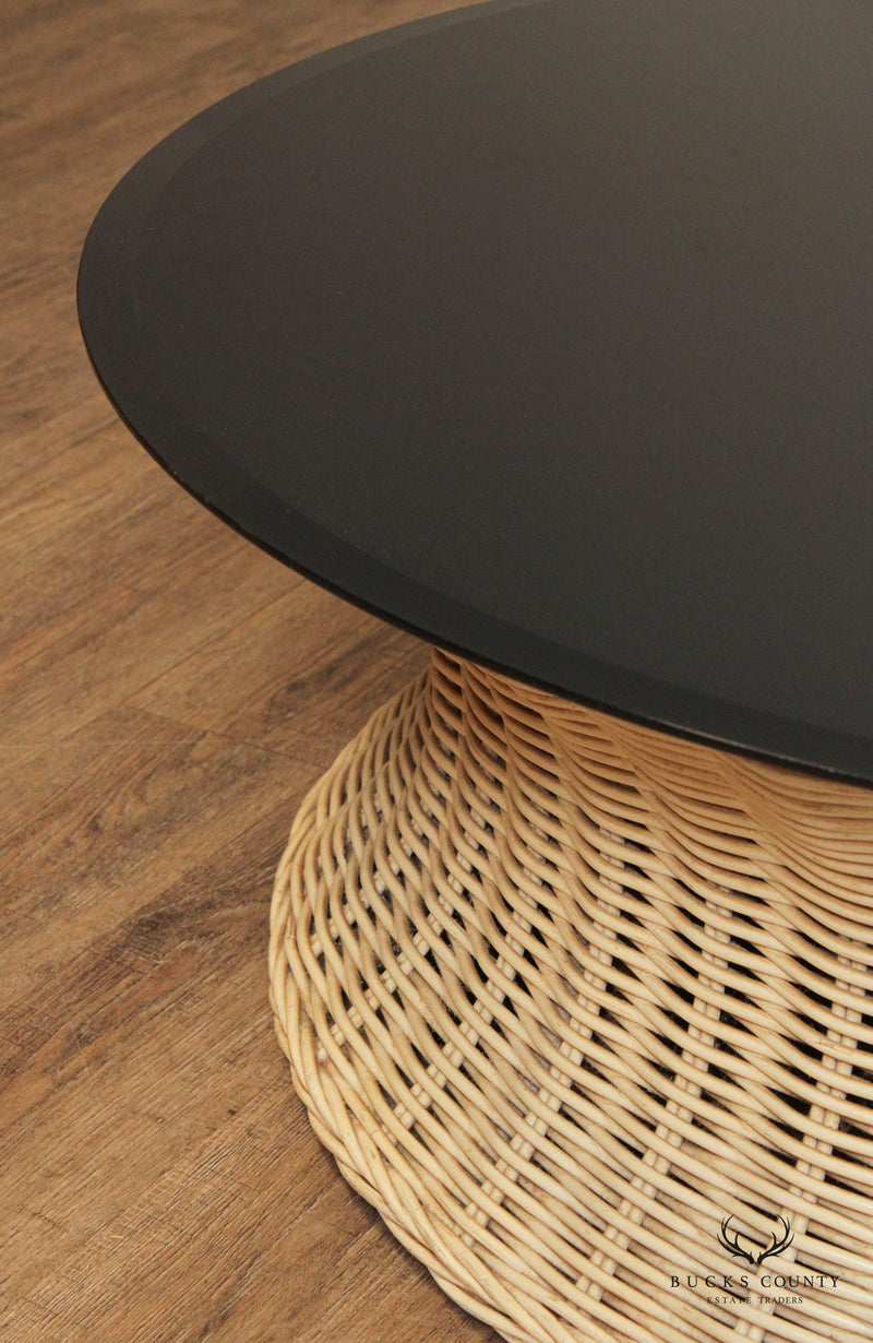 Vintage Wicker Rattan Round Smoked Glass Top Coffee Table