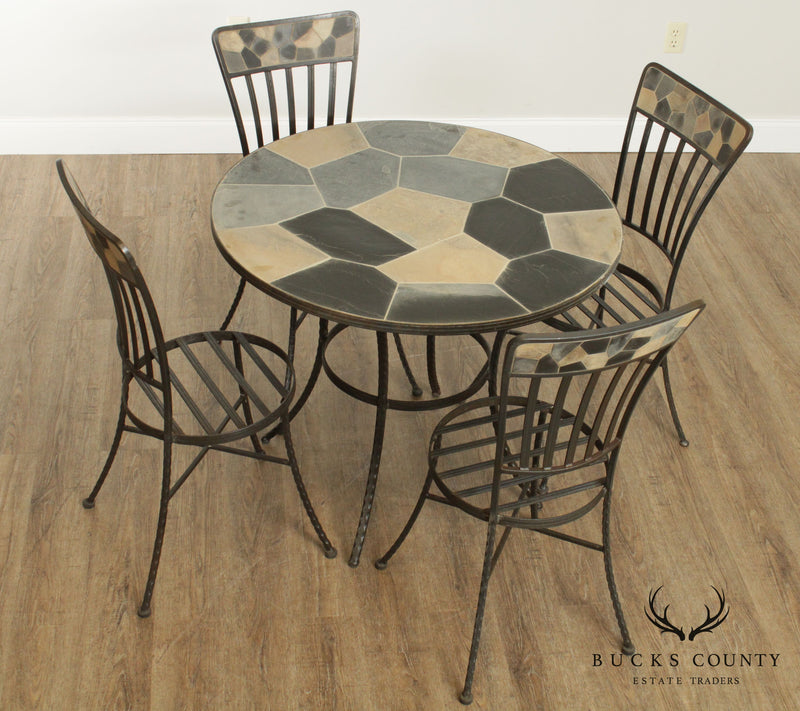 Hand Crafted Forged Iron & Stone Round 5 Piece Table + 4 Chairs Dining Set