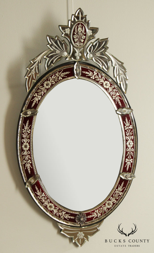 M.R & Co. Paris France Vintage Etched Ruby Red Glass Venetian Mirror