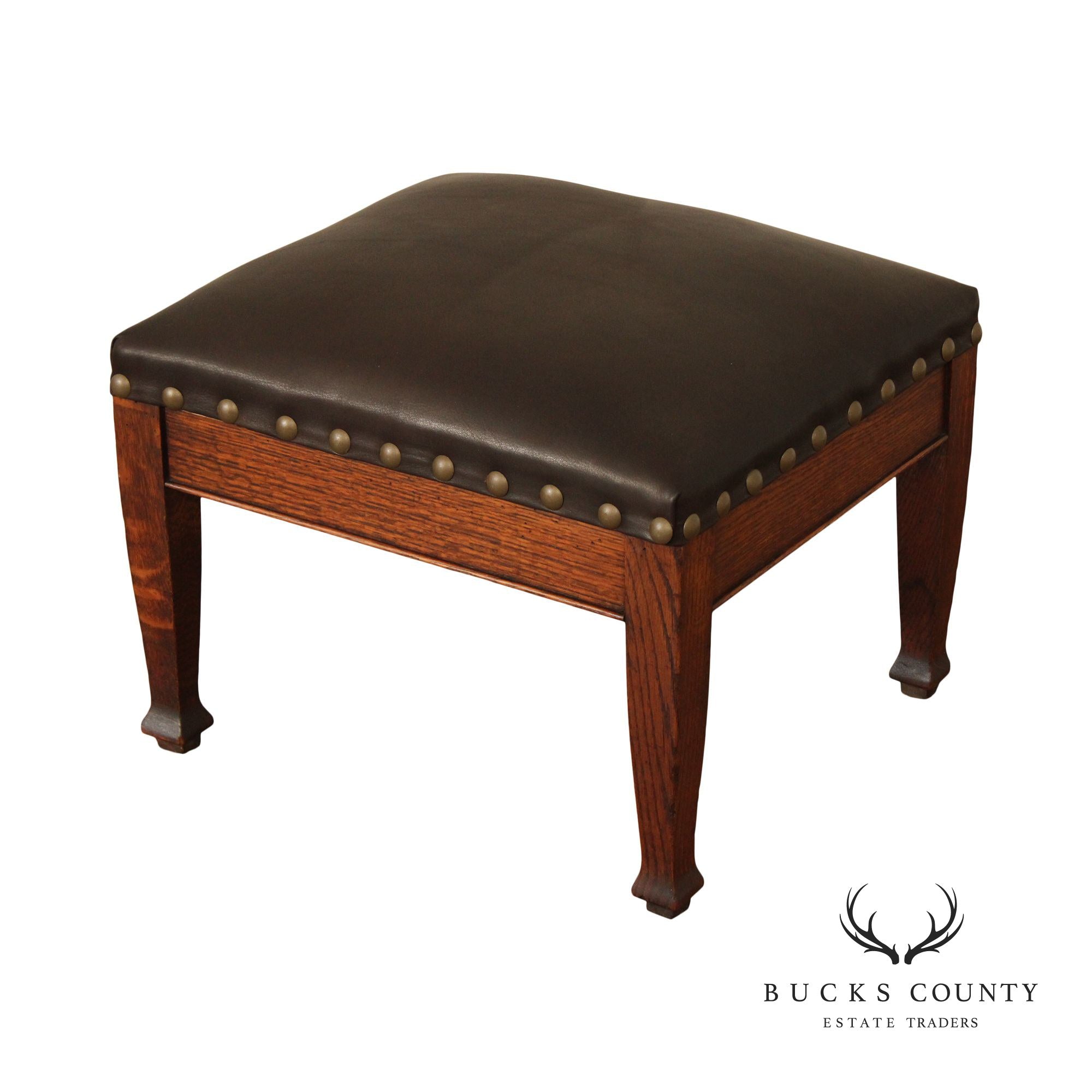 ANTIQUE MISSION OAK AND LEATHER FOOTSTOOL