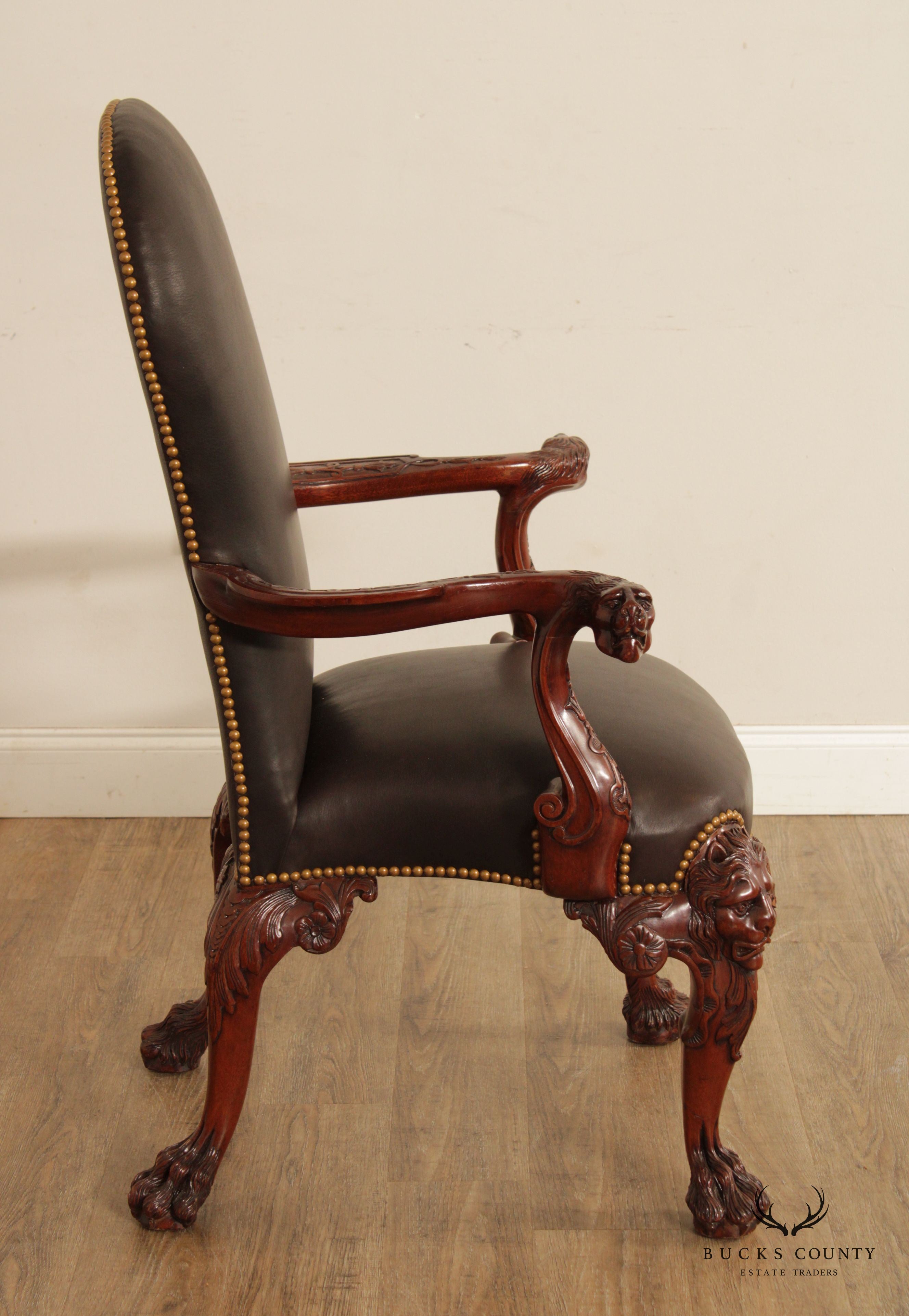 Maitland Smith Georgian Style Lion-Carved Leather Armchair